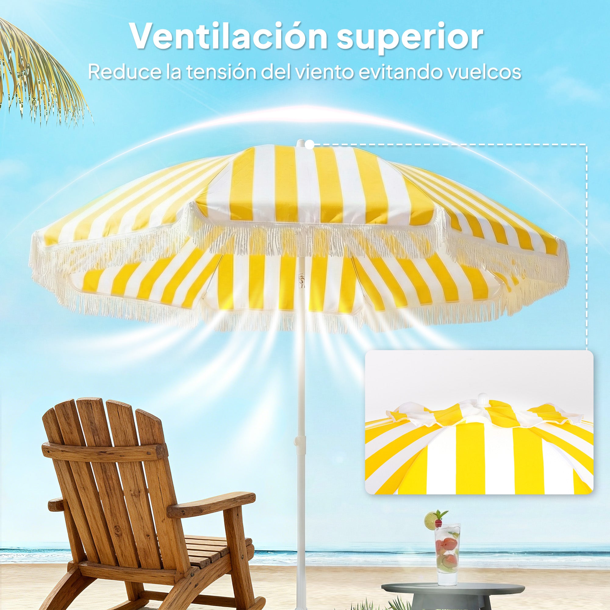 Outsunny Sombrilla de Playa con Flecos Ø180 cm, Sombrilla de Terraza Exterior con Altura Ajustable, Inclinación 30°, Anclaje Arena y Bolsa de Transporte, Amarillo y Blanco