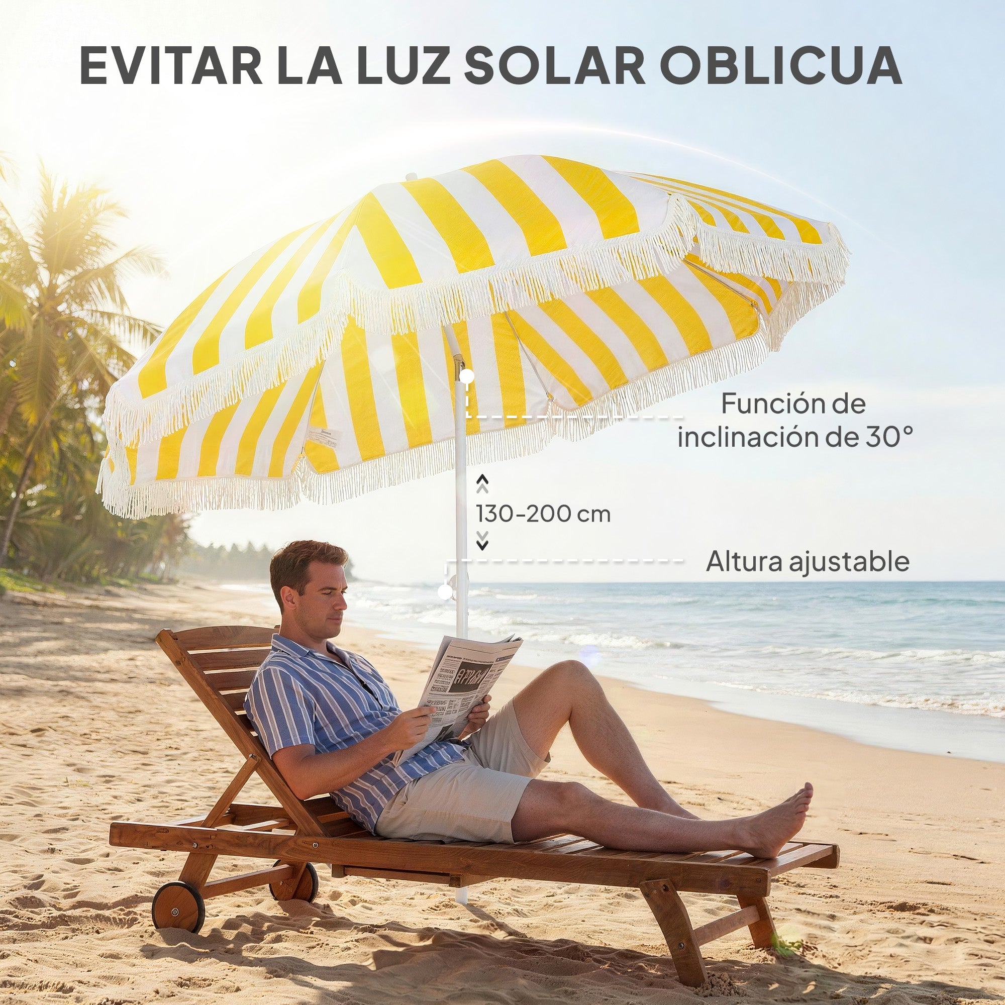 Outsunny Sombrilla de Playa con Flecos Ø180 cm, Sombrilla de Terraza Exterior con Altura Ajustable, Inclinación 30°, Anclaje Arena y Bolsa de Transporte, Amarillo y Blanco