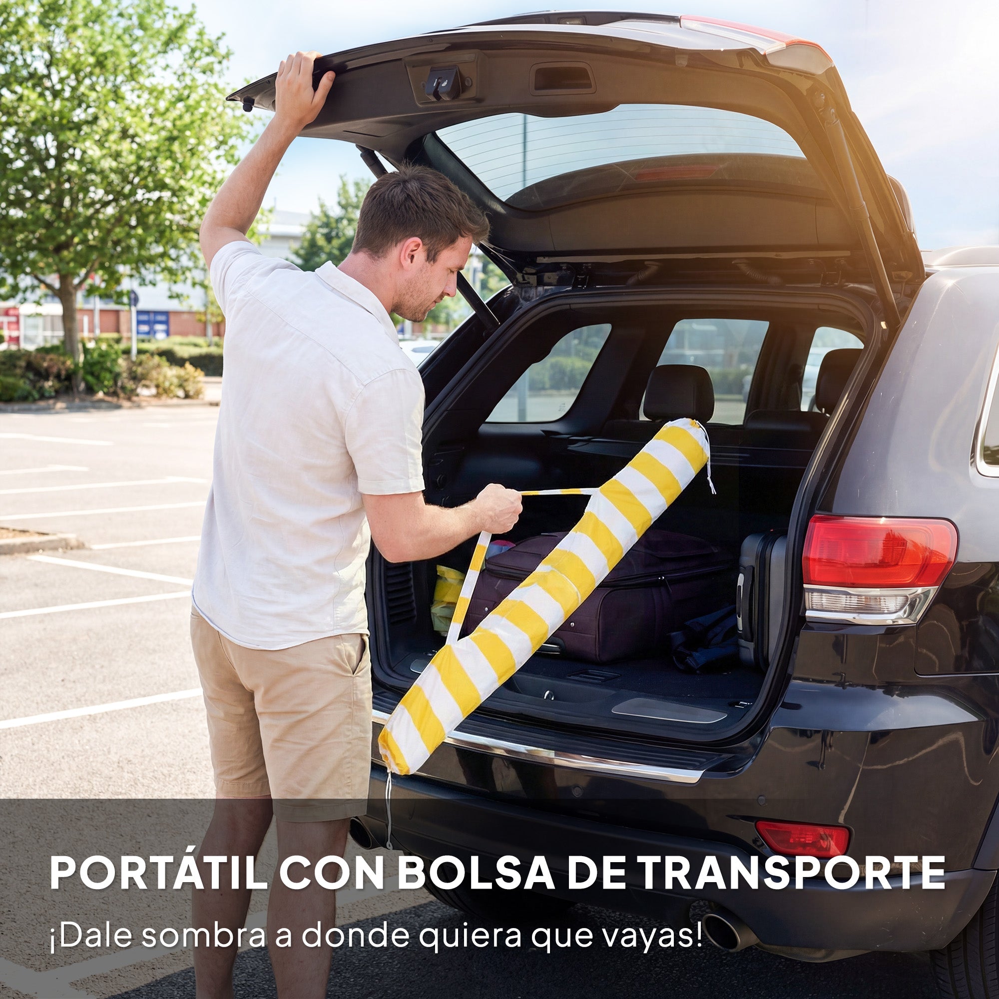 Outsunny Sombrilla de Playa con Flecos Ø180 cm, Sombrilla de Terraza Exterior con Altura Ajustable, Inclinación 30°, Anclaje Arena y Bolsa de Transporte, Amarillo y Blanco