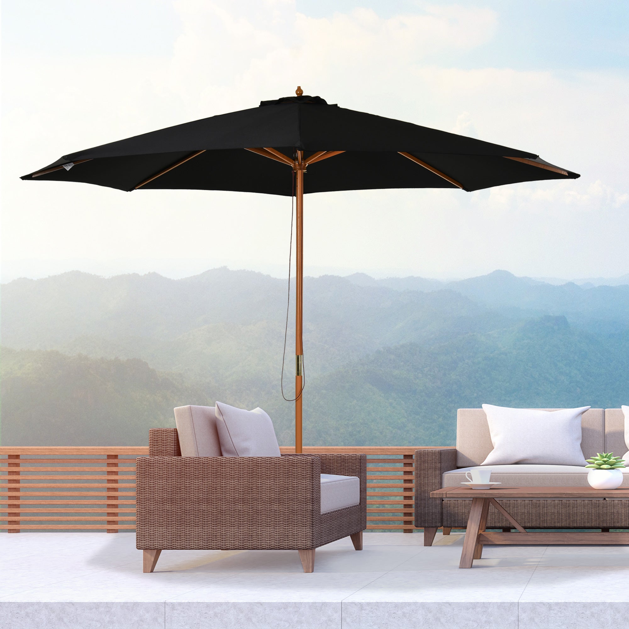 Outsunny Sombrilla Terraza Exterior Ø300 cm Sombrilla de Jardín con Sistema de Polea Techo Ventilado y Poste Desmontable de Madera Parasol para Patio Terraza Negro