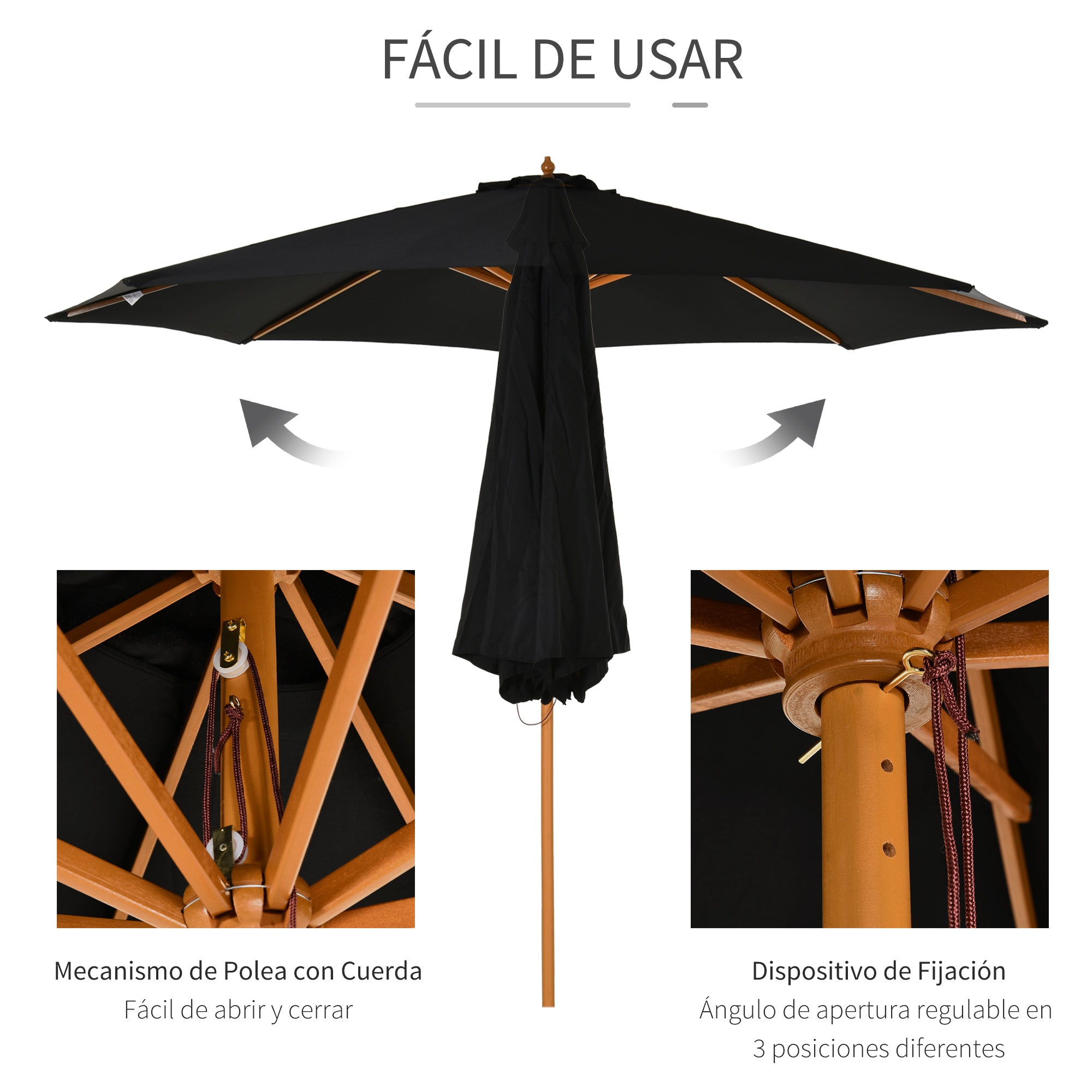 Outsunny Sombrilla Terraza Exterior Ø300 cm Sombrilla de Jardín con Sistema de Polea Techo Ventilado y Poste Desmontable de Madera Parasol para Patio Terraza Negro