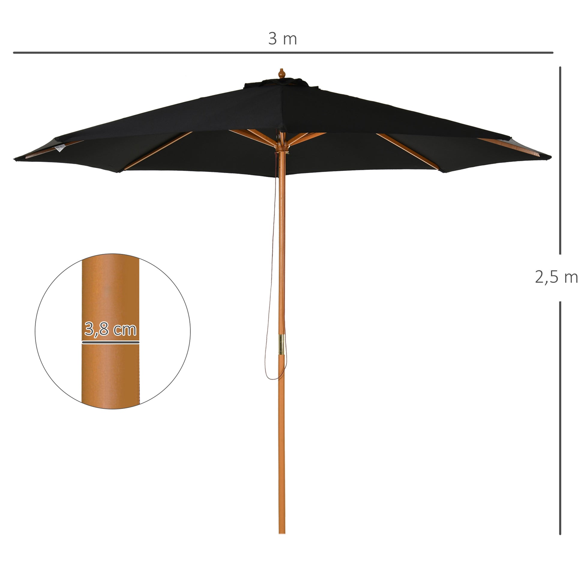 Outsunny Sombrilla Terraza Exterior Ø300 cm Sombrilla de Jardín con Sistema de Polea Techo Ventilado y Poste Desmontable de Madera Parasol para Patio Terraza Negro