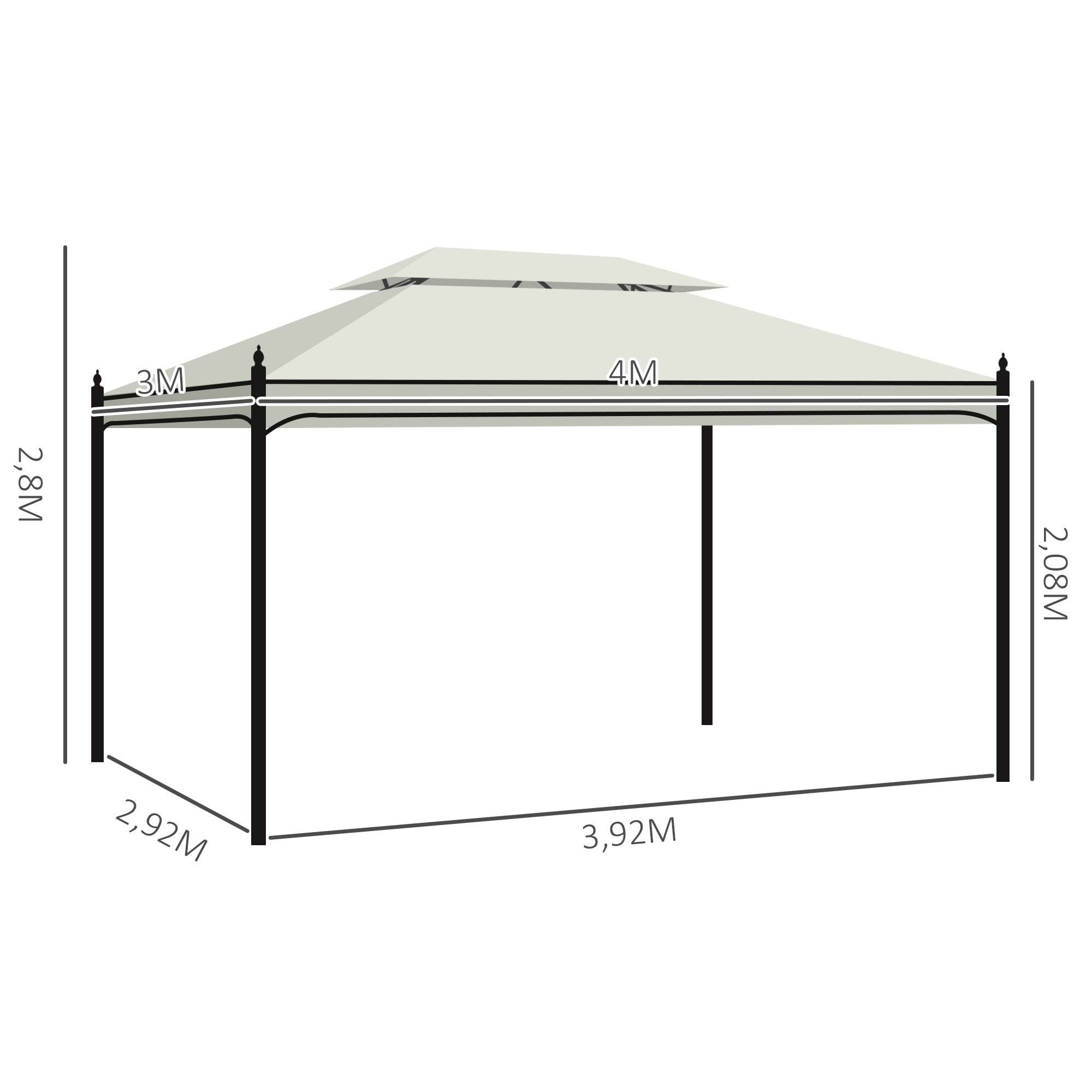 Outsunny Cenador de Jardín 4x3 m, Pabellón de Jardín Gazebo con Doble Techo, 4 Cortinas, Marco de Acero, 8 Orificios de Drenaje, Anti-UV, Carpa para Exterior, Terraza, Patio, Blanco Crema