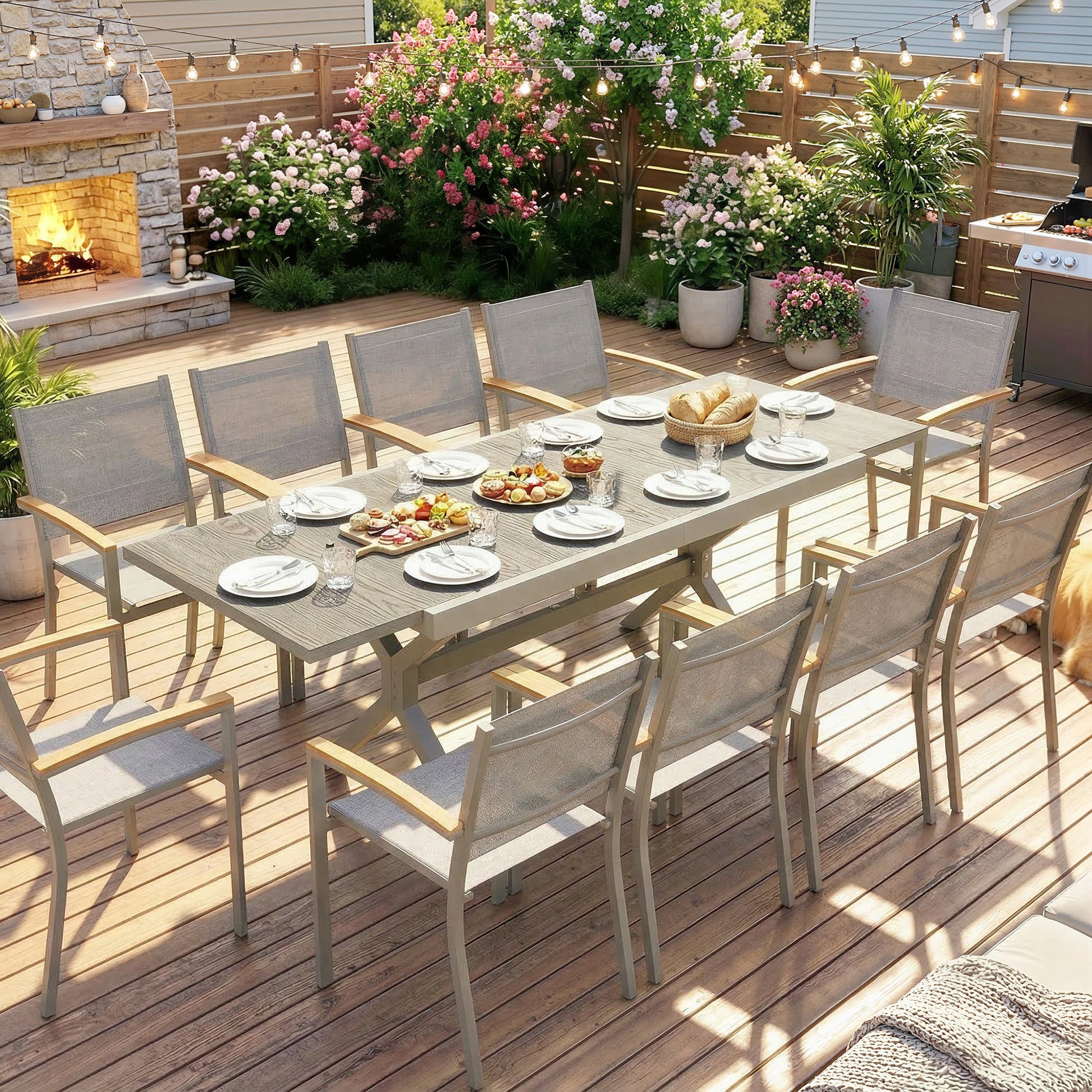 Outsunny Mesa de Jardín Extensible con Superficie de Aluminio, 154/214x85 cm, Mesa de Comedor Exterior Extensible Rectangular con Imitación Madera para 8-10 Personas, para Patio, Terraza, Gris Claro
