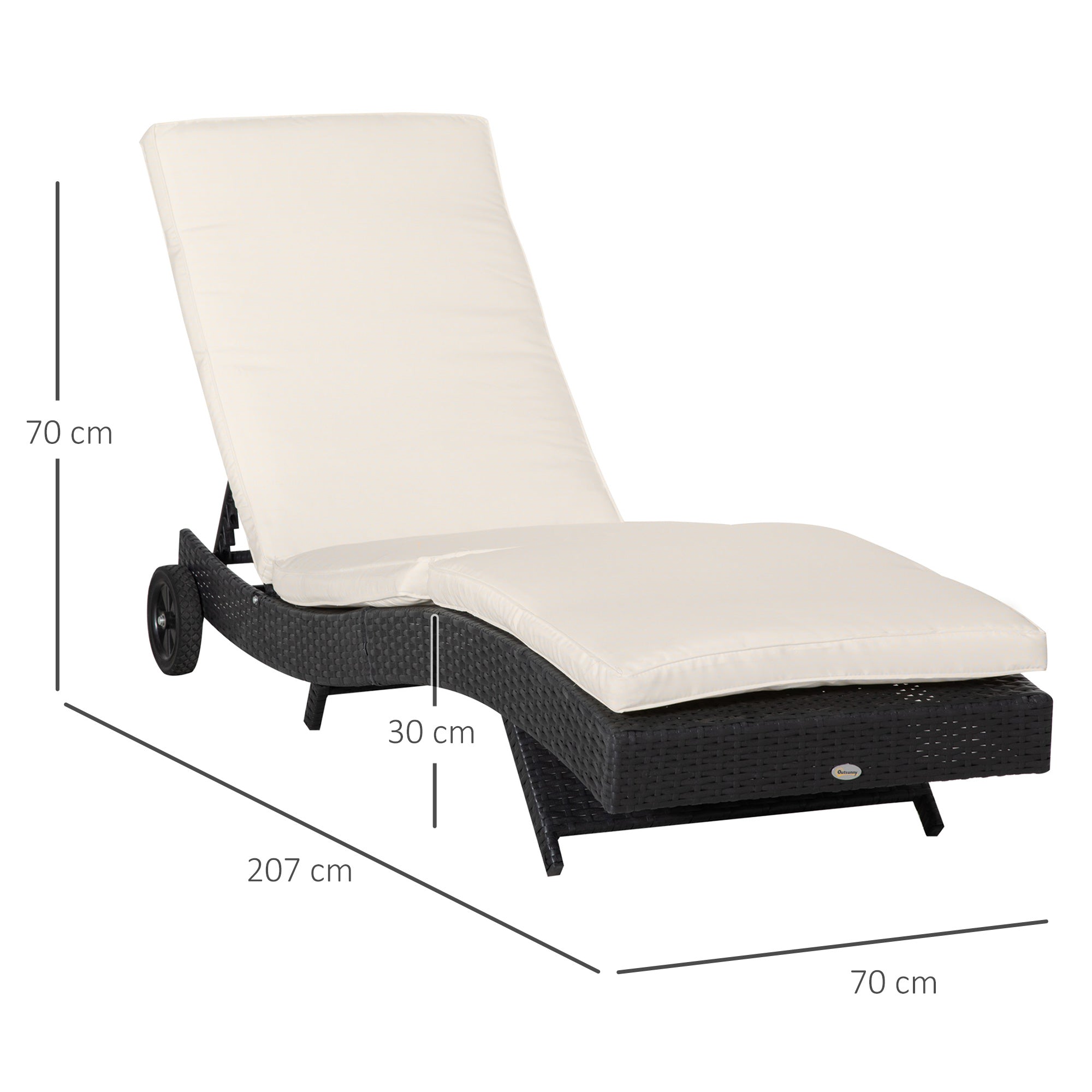 Outsunny Tumbona de Ratán Reclinable Tumbona de Jardín en Forma de S con 2 Ruedas Respaldo Ajustable en 5 Posiciones y Cojín Extraíble para Patio Terraza 207x70x70 cm Negro y Crema