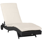 Outsunny Tumbona de Ratán Reclinable Tumbona de Jardín en Forma de S con 2 Ruedas Respaldo Ajustable en 5 Posiciones y Cojín Extraíble para Patio Terraza 207x70x70 cm Negro y Crema