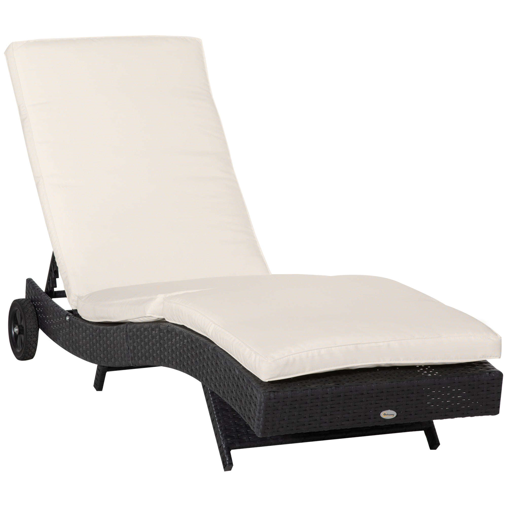 Outsunny Tumbona de Ratán Reclinable Tumbona de Jardín en Forma de S con 2 Ruedas Respaldo Ajustable en 5 Posiciones y Cojín Extraíble para Patio Terraza 207x70x70 cm Negro y Crema