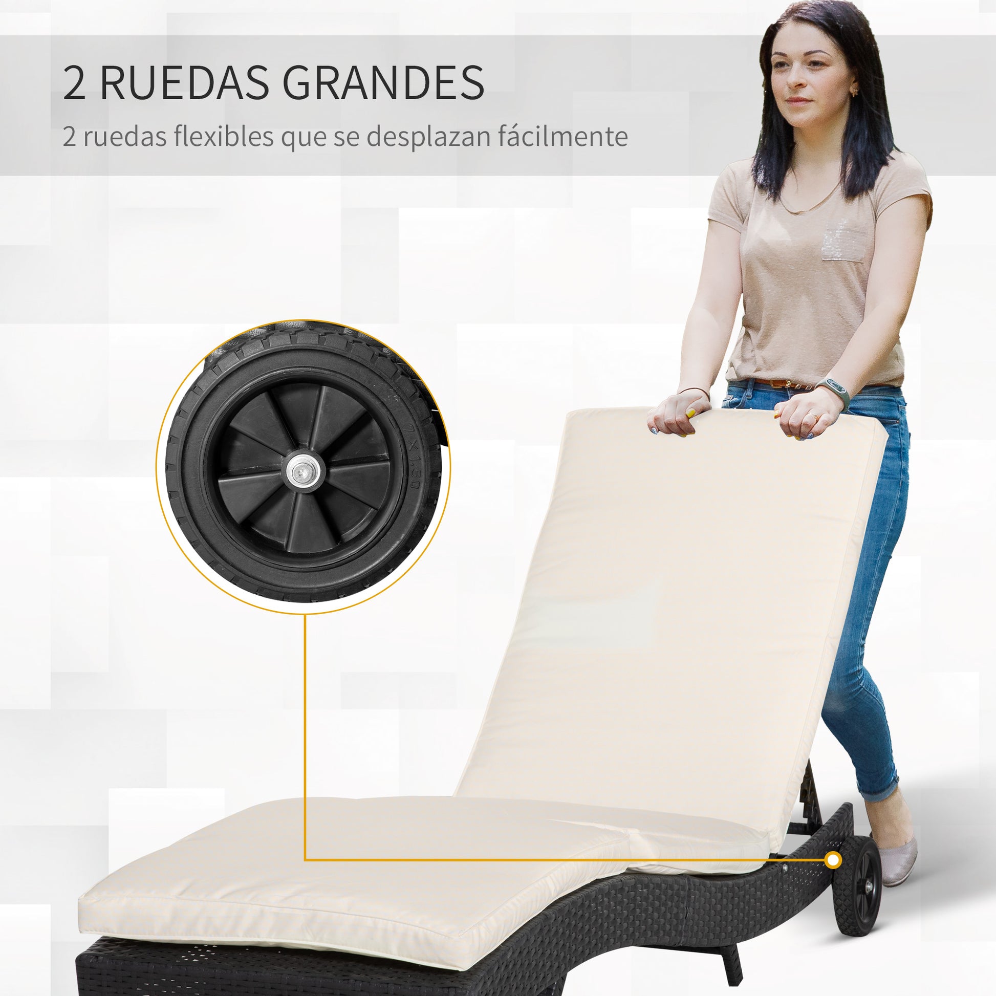 Outsunny Tumbona de Ratán Reclinable Tumbona de Jardín en Forma de S con 2 Ruedas Respaldo Ajustable en 5 Posiciones y Cojín Extraíble para Patio Terraza 207x70x70 cm Negro y Crema