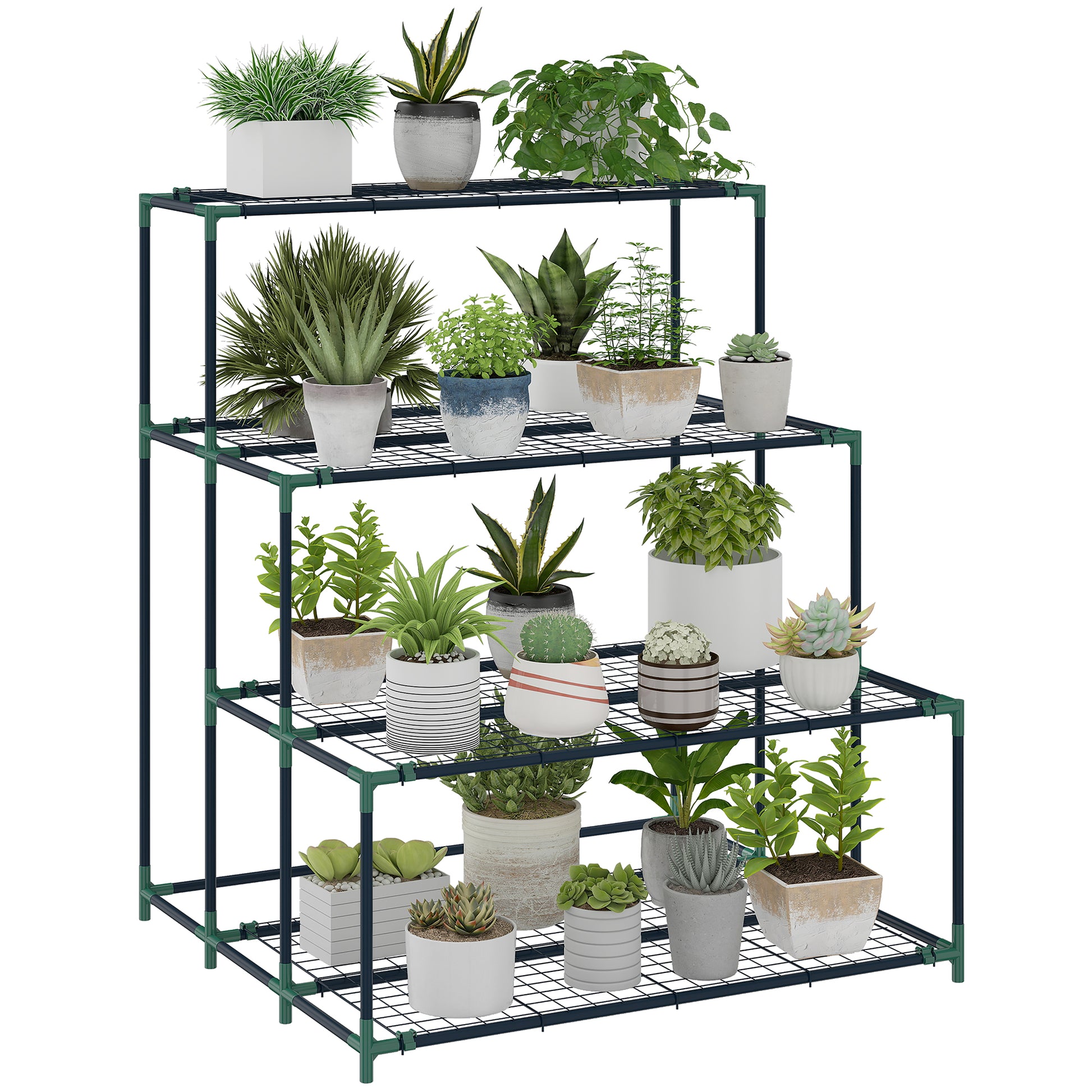 Outsunny Soporte para Plantas de 4 Niveles, Estantería para Plantas de Acero, Diseño en Escalera, Soporte para Macetas para Interior y Exterior, Jardín, Balcón y Patio, 94x84x110 cm, Verde Oscuro