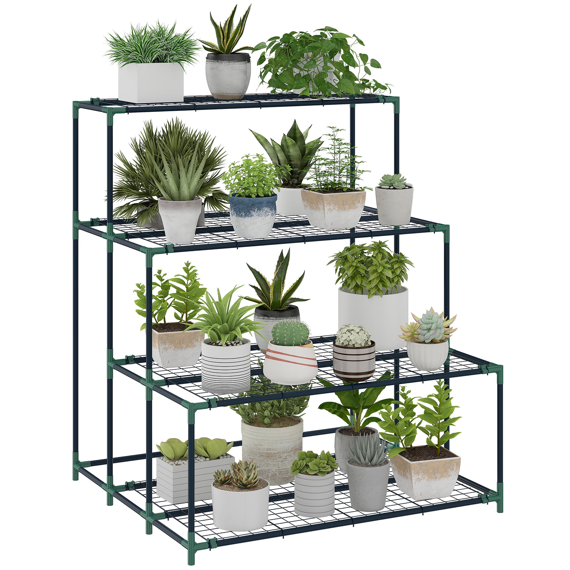 Outsunny Soporte para Plantas de 4 Niveles, Estantería para Plantas de Acero, Diseño en Escalera, Soporte para Macetas para Interior y Exterior, Jardín, Balcón y Patio, 94x84x110 cm, Verde Oscuro
