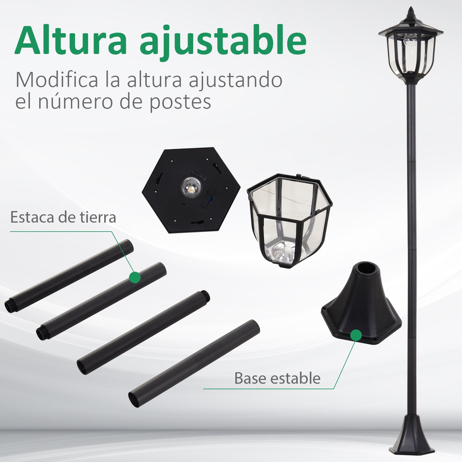 Outsunny Conjunto de 2 Farolas Solares Luces de Solar para Jardín con Panel Solar Encendido Automático Protección al Ambiente y 6 Luces LED para Terraza Patio Ø26,5x177 cm Negro