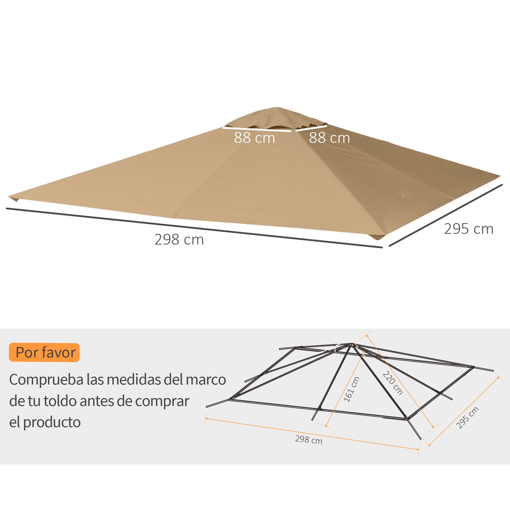 Outsunny Techo de Repuesto 300x300 cm para Cenador de Jardín Cubierta de Repuesto de Gazebo Pabellón Exterior con 8 Orificios de Drenaje y Ventilación Beige