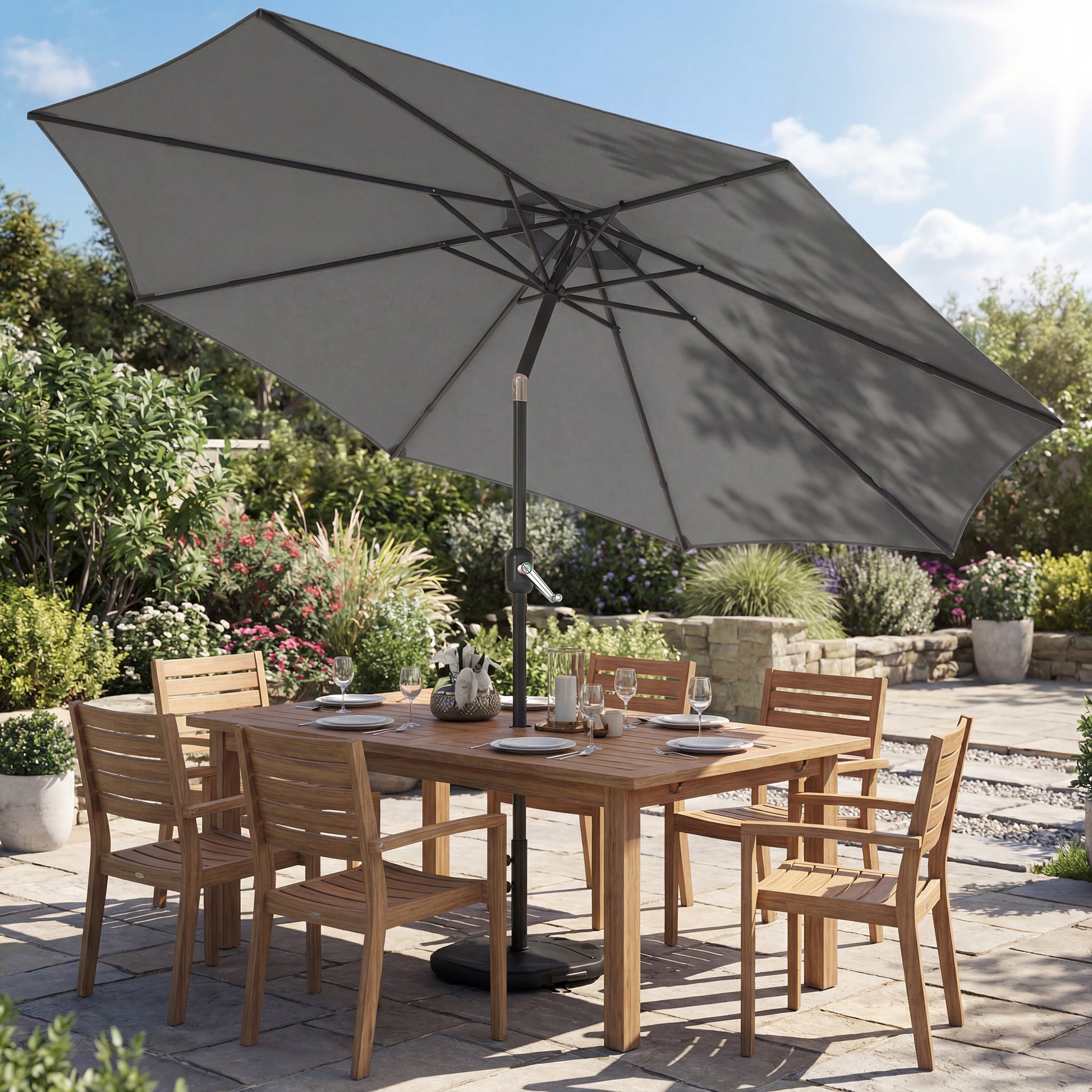Outsunny Sombrilla Terraza Exterior, 3x3 m, Sombrilla de Jardín con Base, Bolsa de Arena, Manivela, Inclinación Ajustable, Costillas Retráctiles, Parasol para Patio, Terraza, Gris Oscuro