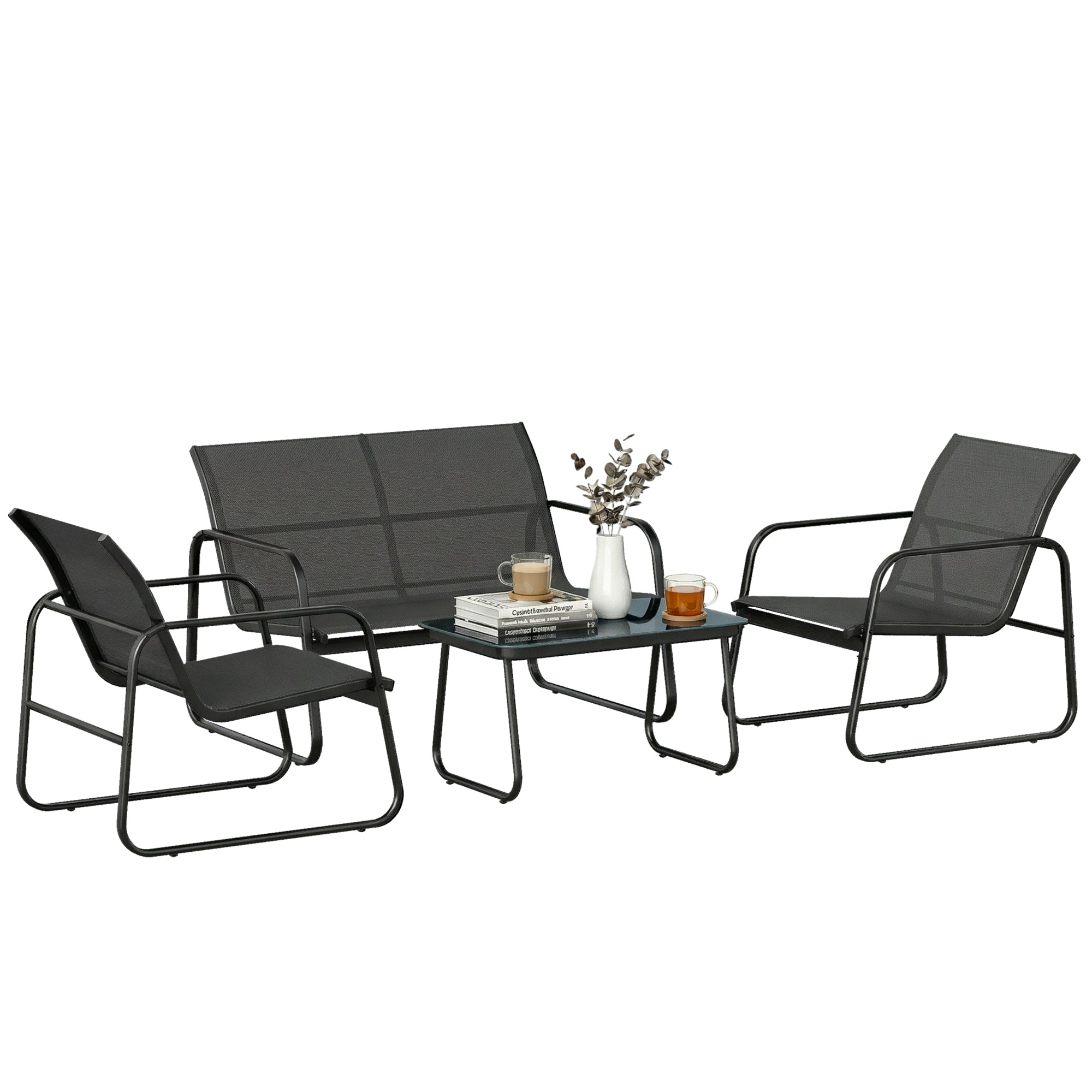 Outsunny Conjunto Jardín Exterior de 4 Piezas, Muebles Jardín Exterior con Sofá de 2 Plazas, 2 Sillones, Mesa de Vidrio Templado, Tela de Textilene Transpirable, Estructura de Acero, Gris Oscuro
