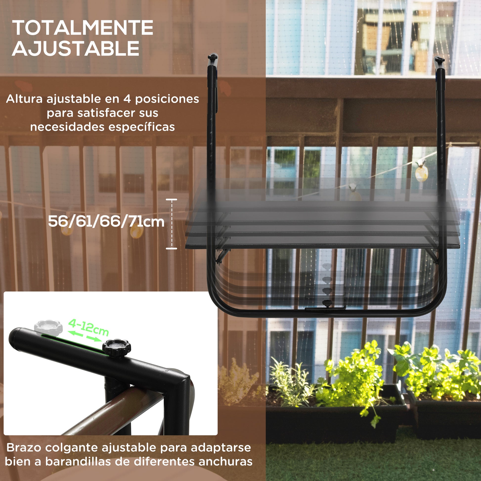 Outsunny Mesa Colgante para Balcón Mesa de Pared de Acero con Altura Ajustable en 4 Posiciones Carga Máx. 15 kg para Terraza 60x60,5x56-71 cm Negro