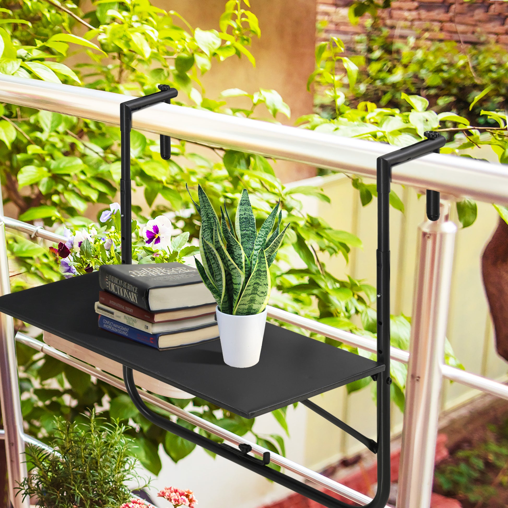 Outsunny Mesa Colgante para Balcón Mesa de Pared de Acero con Altura Ajustable en 4 Posiciones Carga Máx. 15 kg para Terraza 60x60,5x56-71 cm Negro