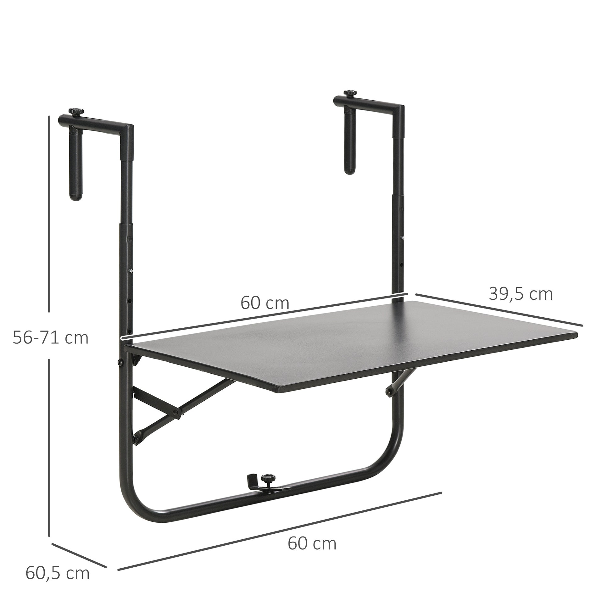 Outsunny Mesa Colgante para Balcón Mesa de Pared de Acero con Altura Ajustable en 4 Posiciones Carga Máx. 15 kg para Terraza 60x60,5x56-71 cm Negro