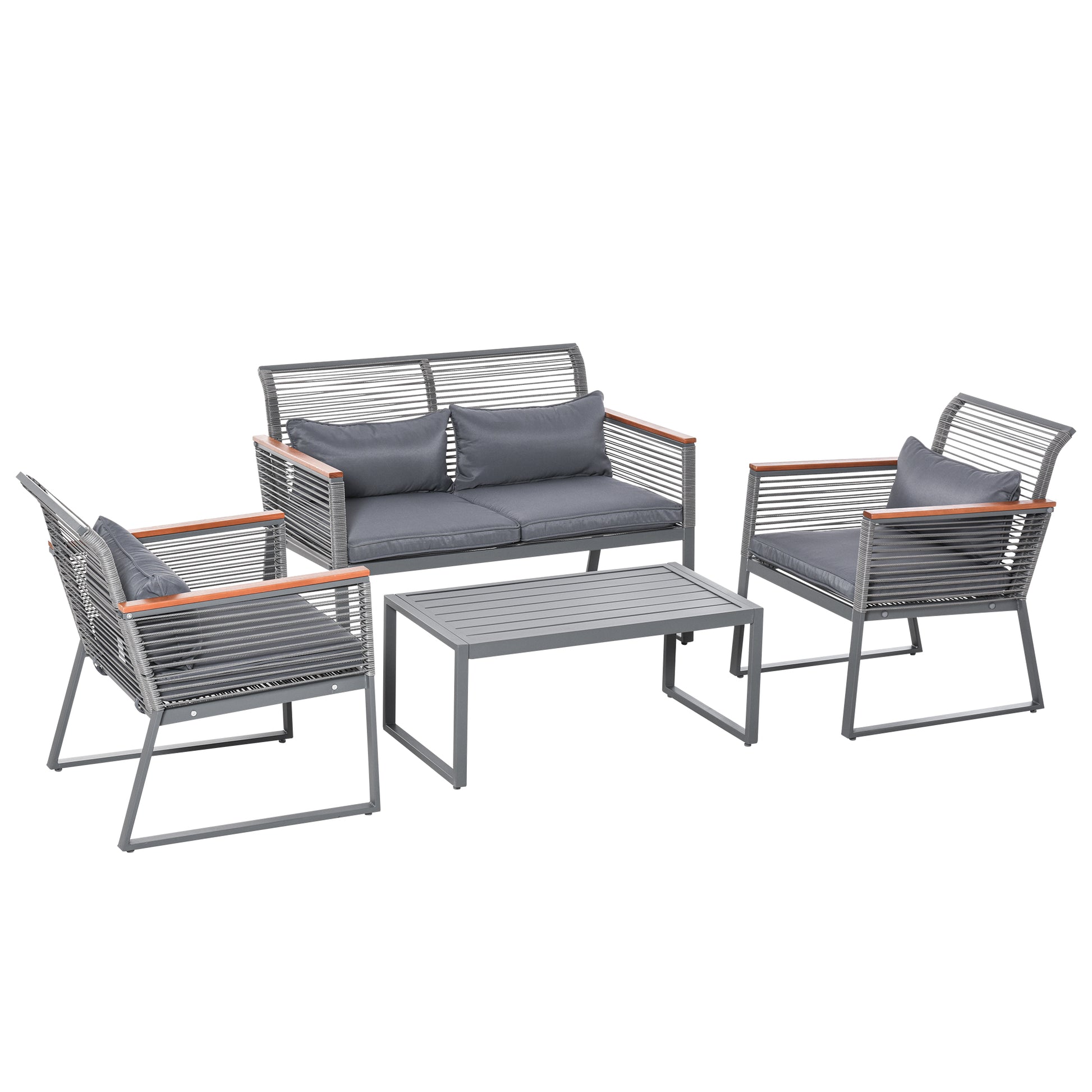 Outsunny Conjunto de Muebles de Jardín de 4 Piezas Ratán con 1 Mesa de Café 1 Sofá Doble y 2 Sillas Individuales Cojines Acolchados para Patio Terraza Gris