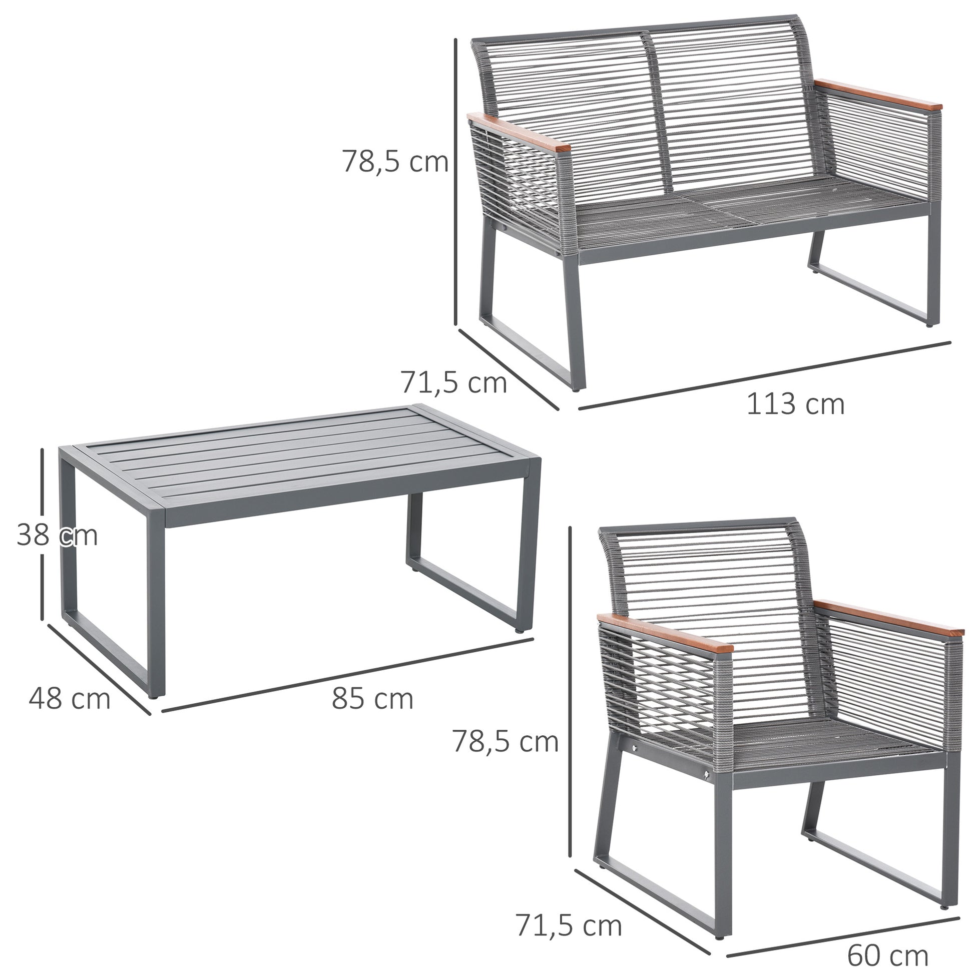 Outsunny Conjunto de Muebles de Jardín de 4 Piezas Ratán con 1 Mesa de Café 1 Sofá Doble y 2 Sillas Individuales Cojines Acolchados para Patio Terraza Gris