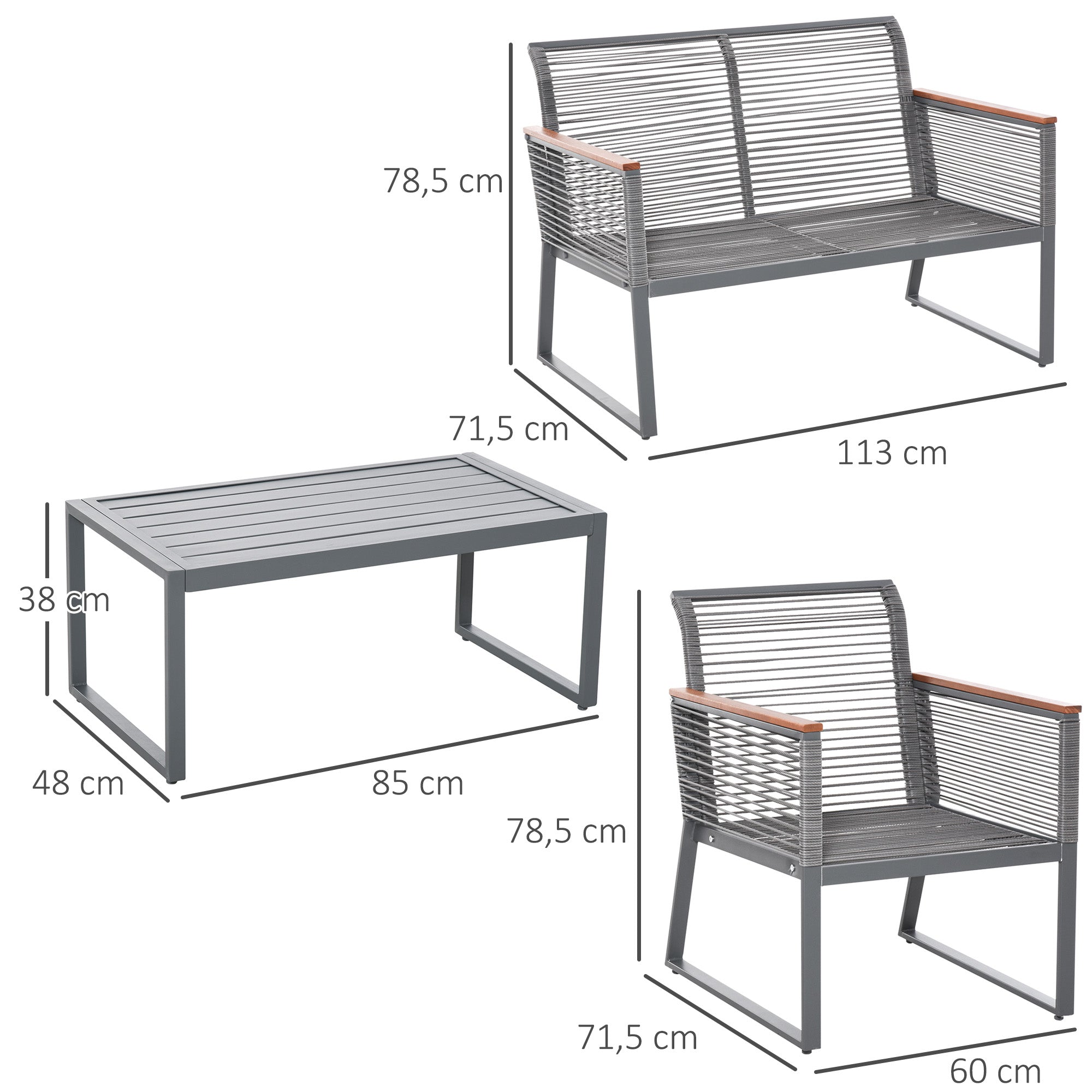 Outsunny Conjunto de Muebles de Jardín de 4 Piezas Ratán con 1 Mesa de Café 1 Sofá Doble y 2 Sillas Individuales Cojines Acolchados para Patio Terraza Gris