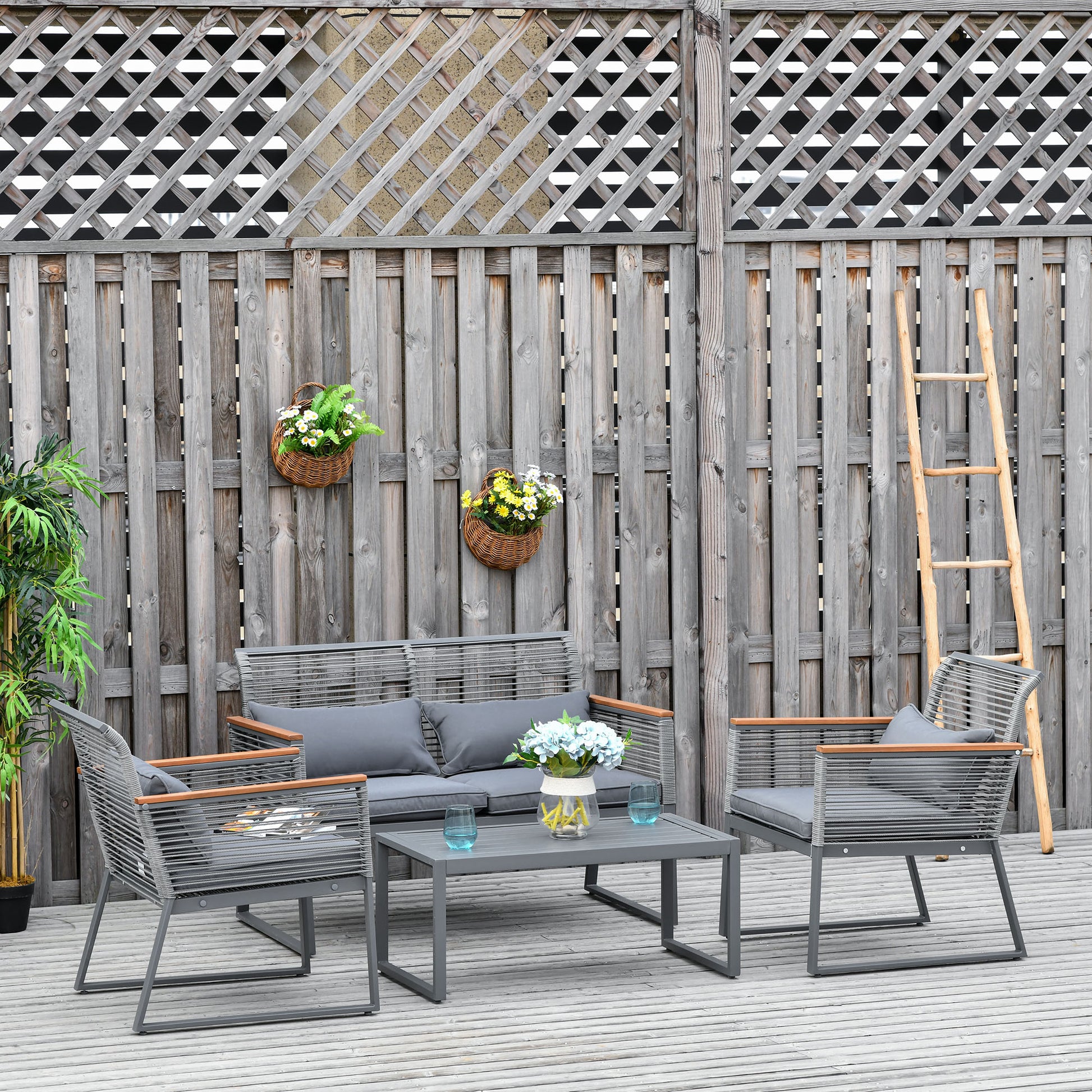 Outsunny Conjunto de Muebles de Jardín de 4 Piezas Ratán con 1 Mesa de Café 1 Sofá Doble y 2 Sillas Individuales Cojines Acolchados para Patio Terraza Gris