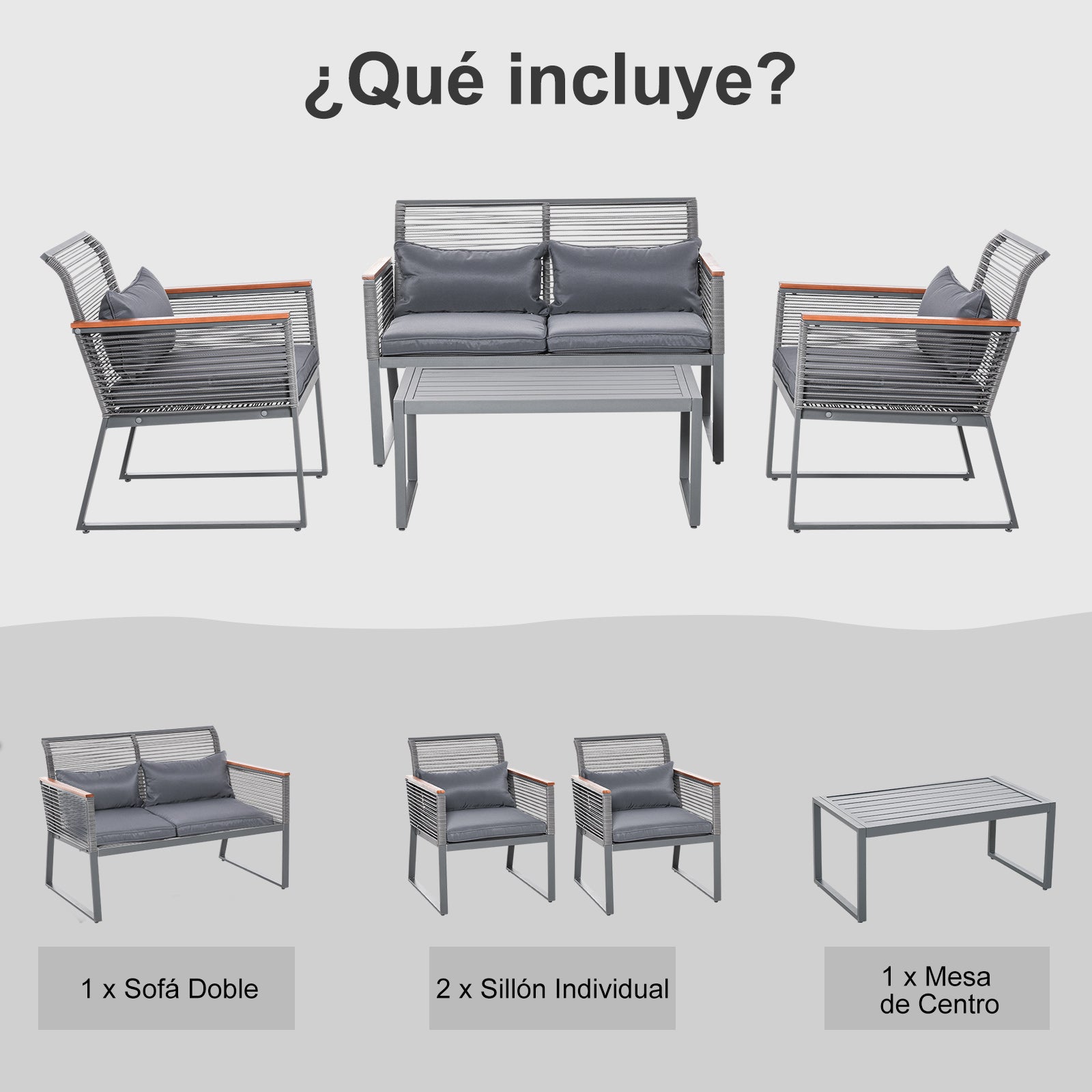 Outsunny Conjunto de Muebles de Jardín de 4 Piezas Ratán con 1 Mesa de Café 1 Sofá Doble y 2 Sillas Individuales Cojines Acolchados para Patio Terraza Gris