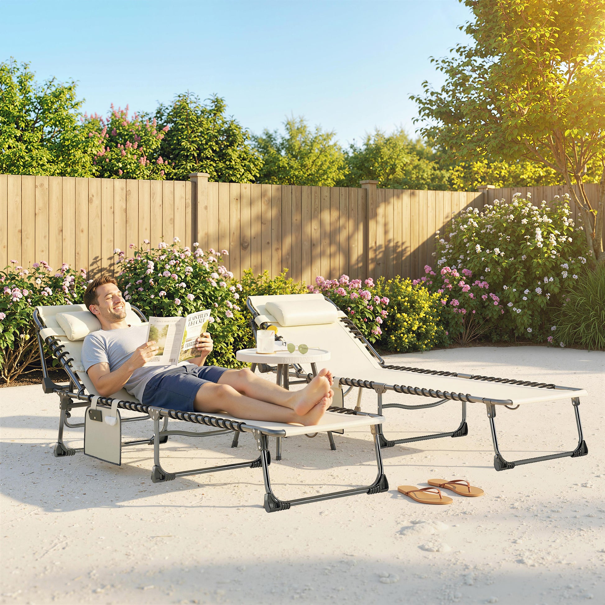 Outsunny Set de 2 Tumbonas Jardín Exterior, Tumbonas Plegables con Reposacabezas y Bolsillo Lateral, Respaldo Reclinable 5 Posiciones y Asiento de Malla Transpirable para Playa, Piscina, Blanco Crema