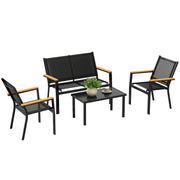 Outsunny Conjunto Jardín Exterior de 4 Piezas, Muebles Jardín Exterior con Sofá de 2 Plazas, 2 Sillones, Mesa de Cristal Templado, Tela Textilene, Reposabrazos Anchos, Negro