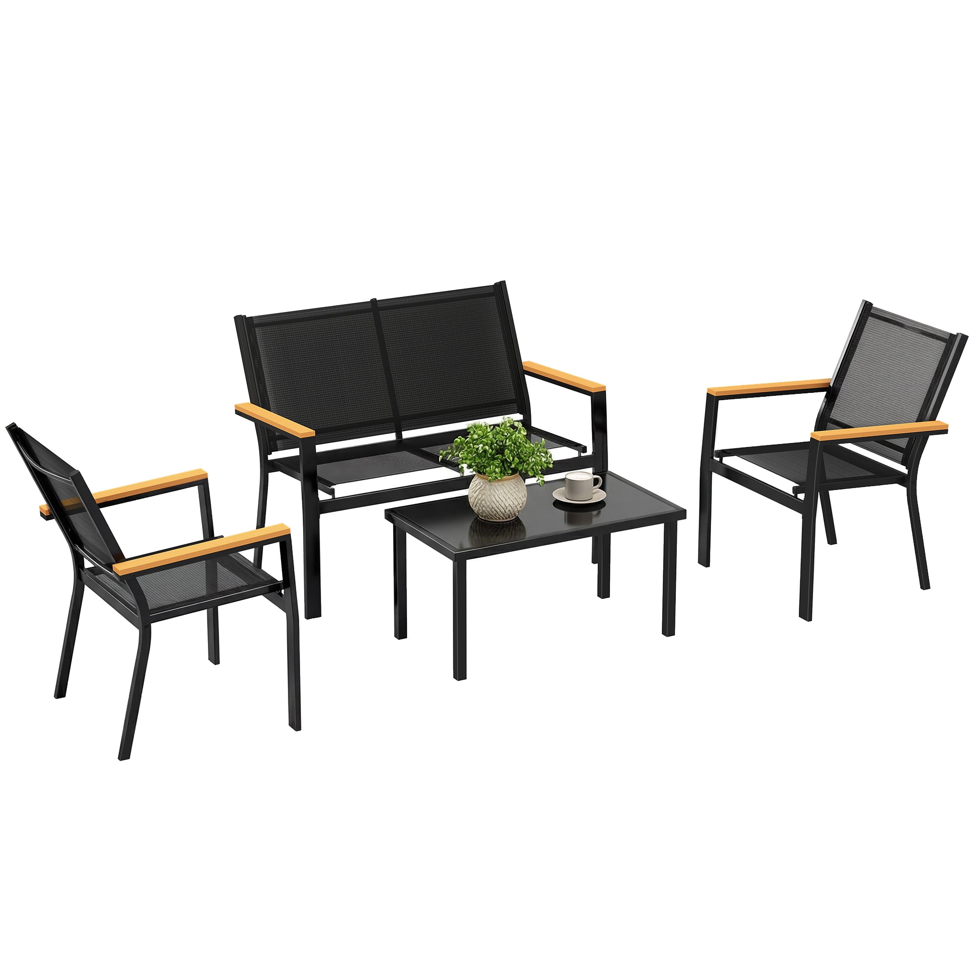Outsunny Conjunto Jardín Exterior de 4 Piezas, Muebles Jardín Exterior con Sofá de 2 Plazas, 2 Sillones, Mesa de Cristal Templado, Tela Textilene, Reposabrazos Anchos, Negro