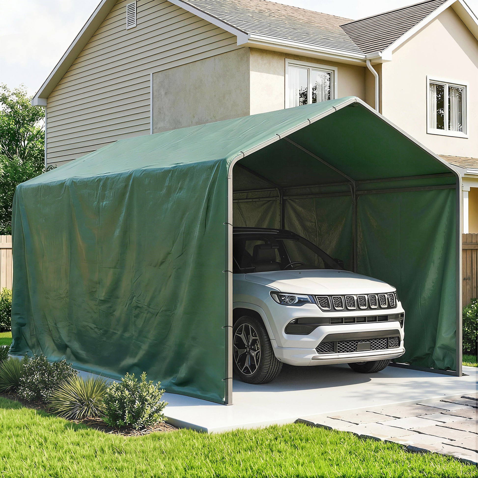 Outsunny Lona Impermeable Exterior 6x8 m, Toldo PE Resistente a Rasgaduras 90 g/m², Protección UV, con Ojales Reforzados para Leña, Muebles de Jardín, Invernaderos, Vehículos, Verde