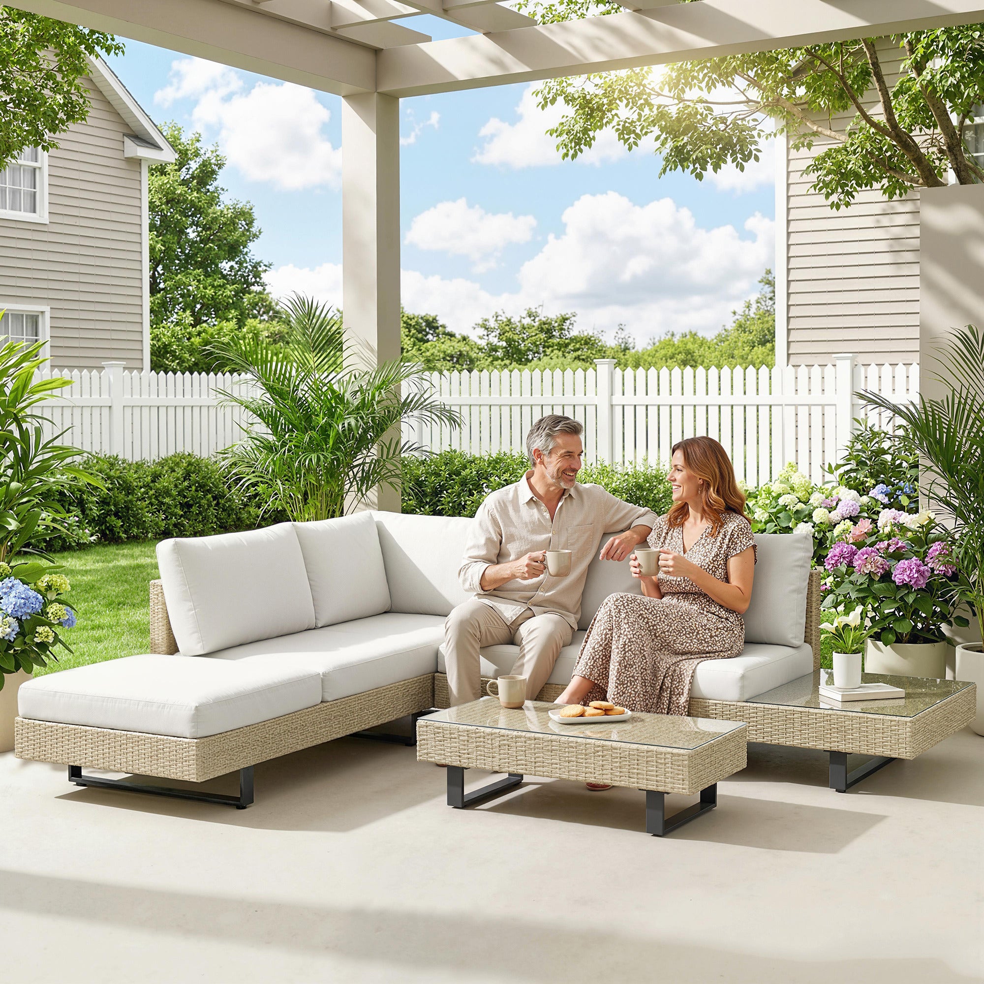 Outsunny Conjunto de Jardín de Ratán de 3 Piezas, Conjunto Terraza Resistente, Muebles Jardín Exterior Incluye Cojines, Sofá de 3 Plazas, Sofá de 2 Plazas con Mesa Lateral, Mesa Centro de Vidrio Beige