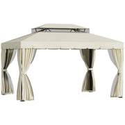 Outsunny Cenador de Jardín 4x3m Gazebo Exterior de Aluminio con Doble Techo 4 Cortinas Laterales 4 Mosquiteras con Cremallera y 10 Orificios de Drenaje para Fiestas Eventos Crema