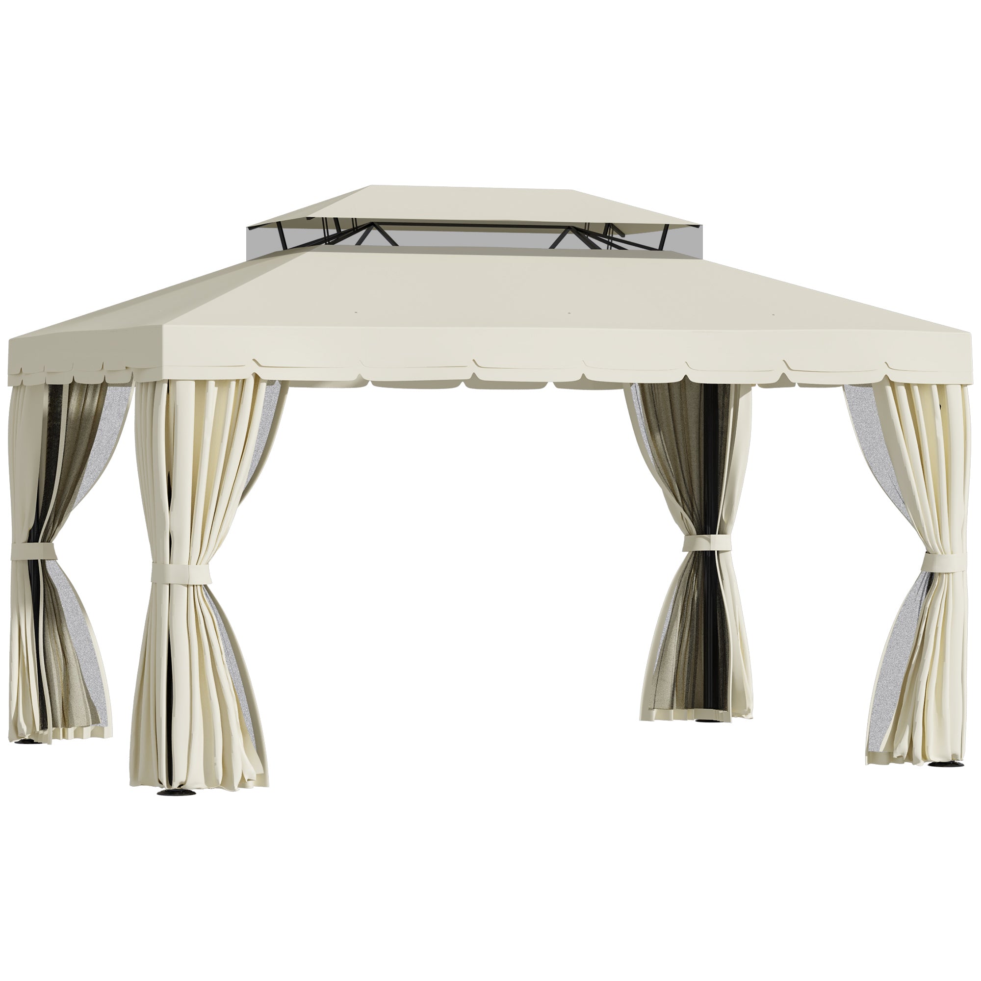 Outsunny Cenador de Jardín 4x3m Gazebo Exterior de Aluminio con Doble Techo 4 Cortinas Laterales 4 Mosquiteras con Cremallera y 10 Orificios de Drenaje para Fiestas Eventos Crema