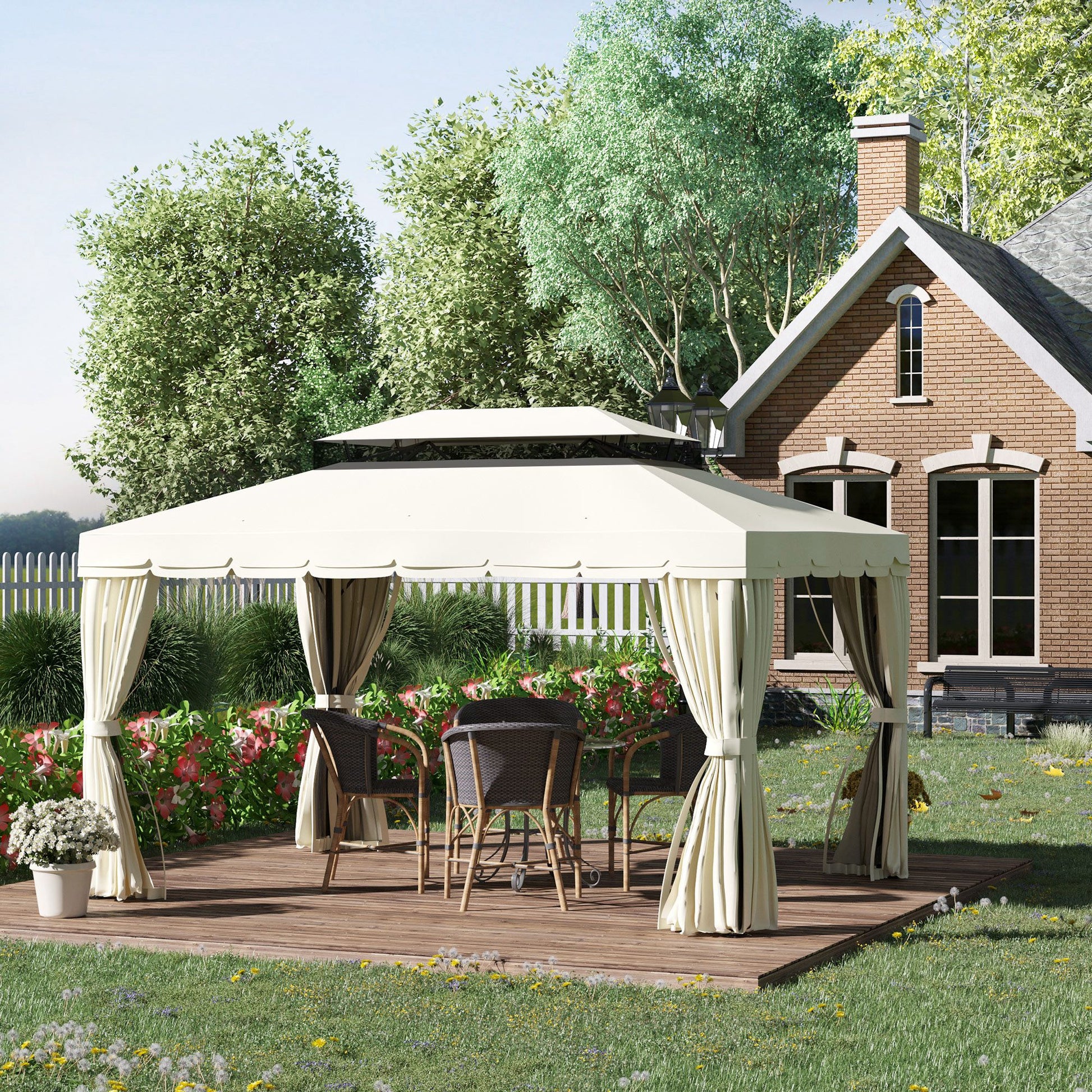 Outsunny Cenador de Jardín 4x3m Gazebo Exterior de Aluminio con Doble Techo 4 Cortinas Laterales 4 Mosquiteras con Cremallera y 10 Orificios de Drenaje para Fiestas Eventos Crema