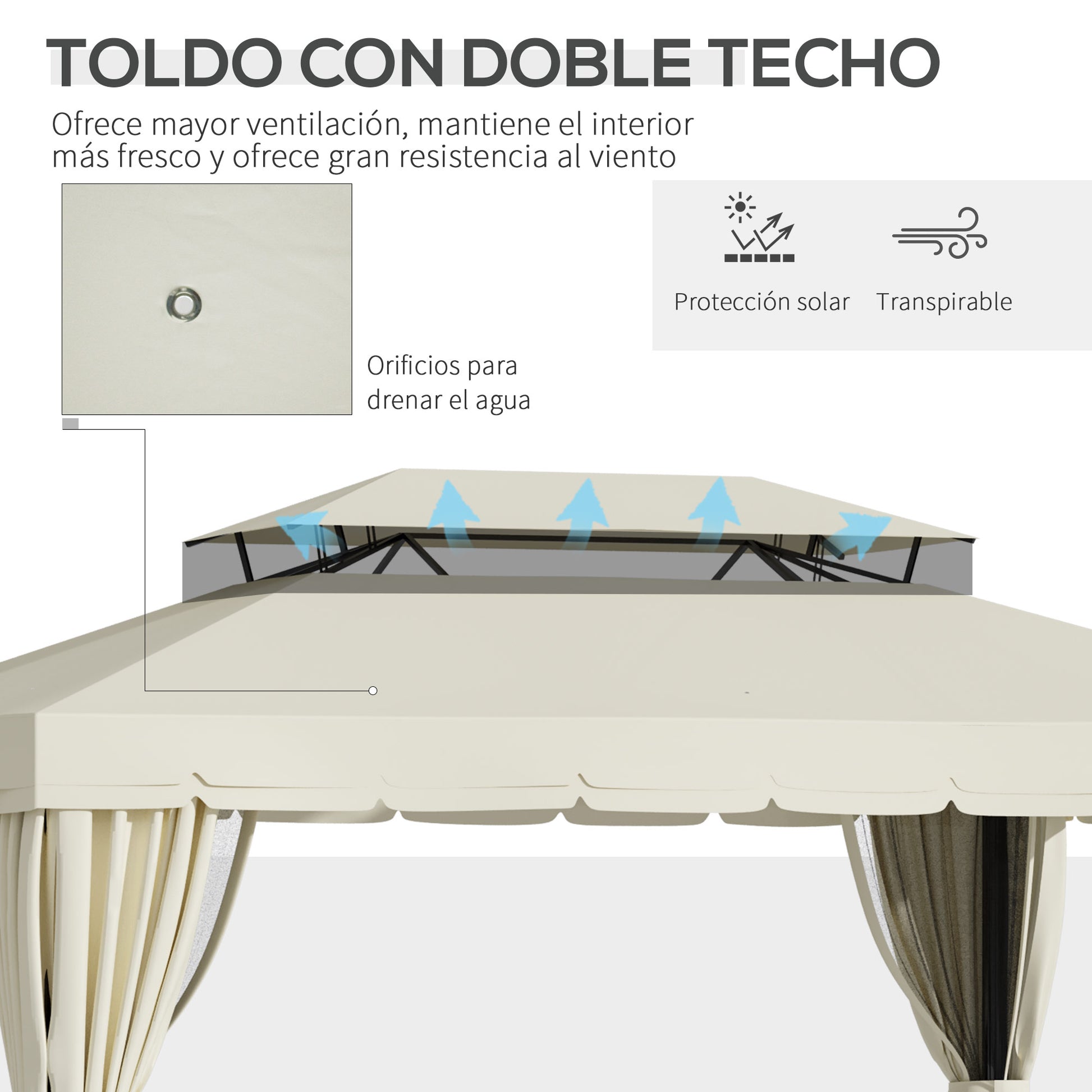 Outsunny Cenador de Jardín 4x3m Gazebo Exterior de Aluminio con Doble Techo 4 Cortinas Laterales 4 Mosquiteras con Cremallera y 10 Orificios de Drenaje para Fiestas Eventos Crema