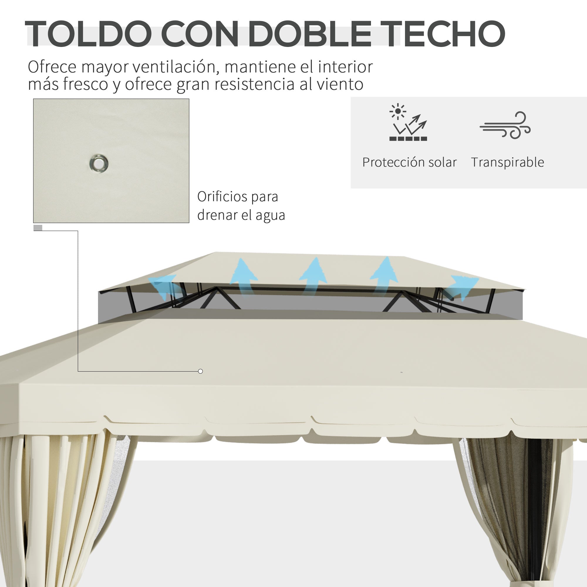 Outsunny Cenador de Jardín 4x3m Gazebo Exterior de Aluminio con Doble Techo 4 Cortinas Laterales 4 Mosquiteras con Cremallera y 10 Orificios de Drenaje para Fiestas Eventos Crema