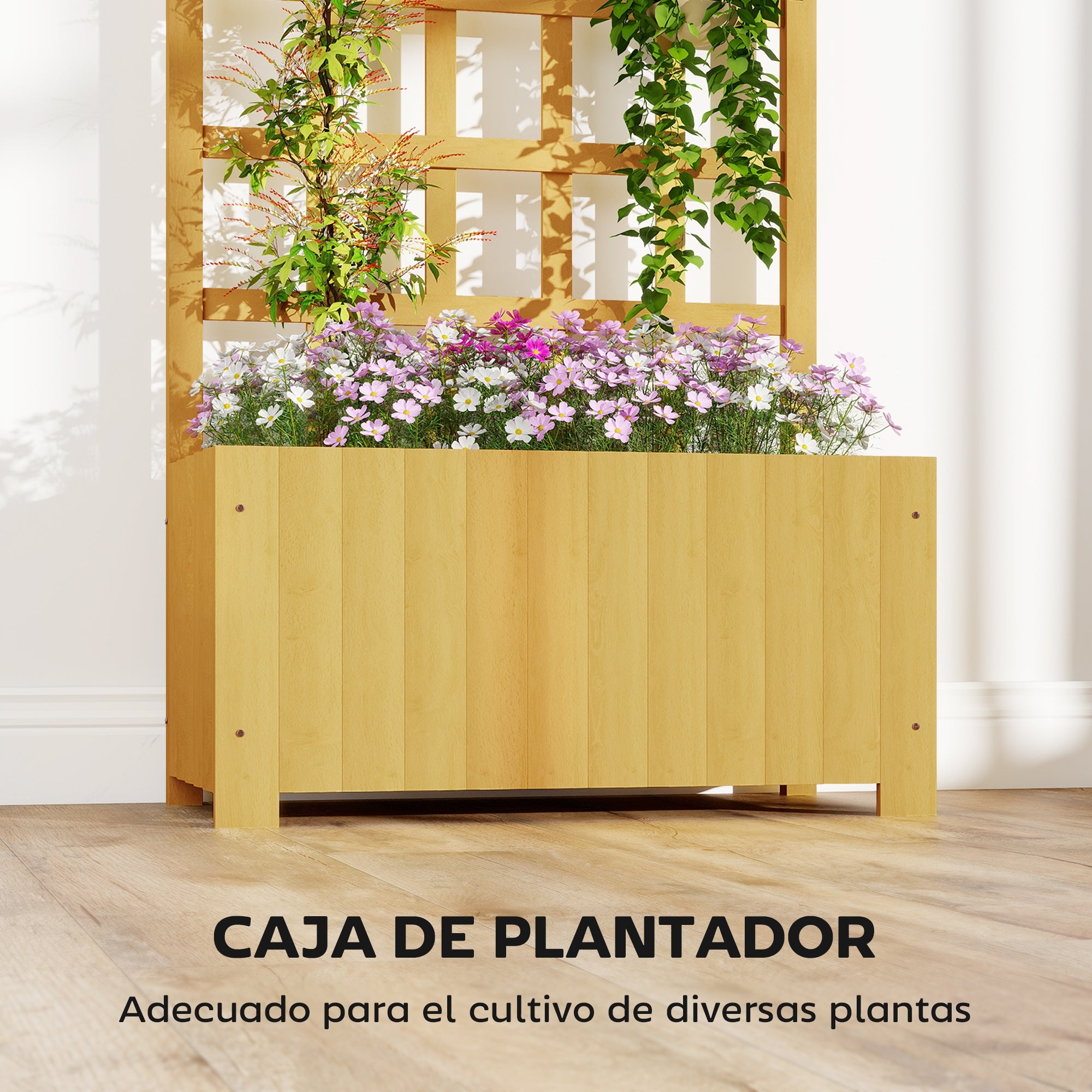 Outsunny Jardinera con Enrejado de Madera, Jardinera Exterior Grande para Plantas Trepadoras, con Ofricios de Drenaje, Macetero Elevado para Jardín, Patio, Terraza, 60x30x120 cm, Natural