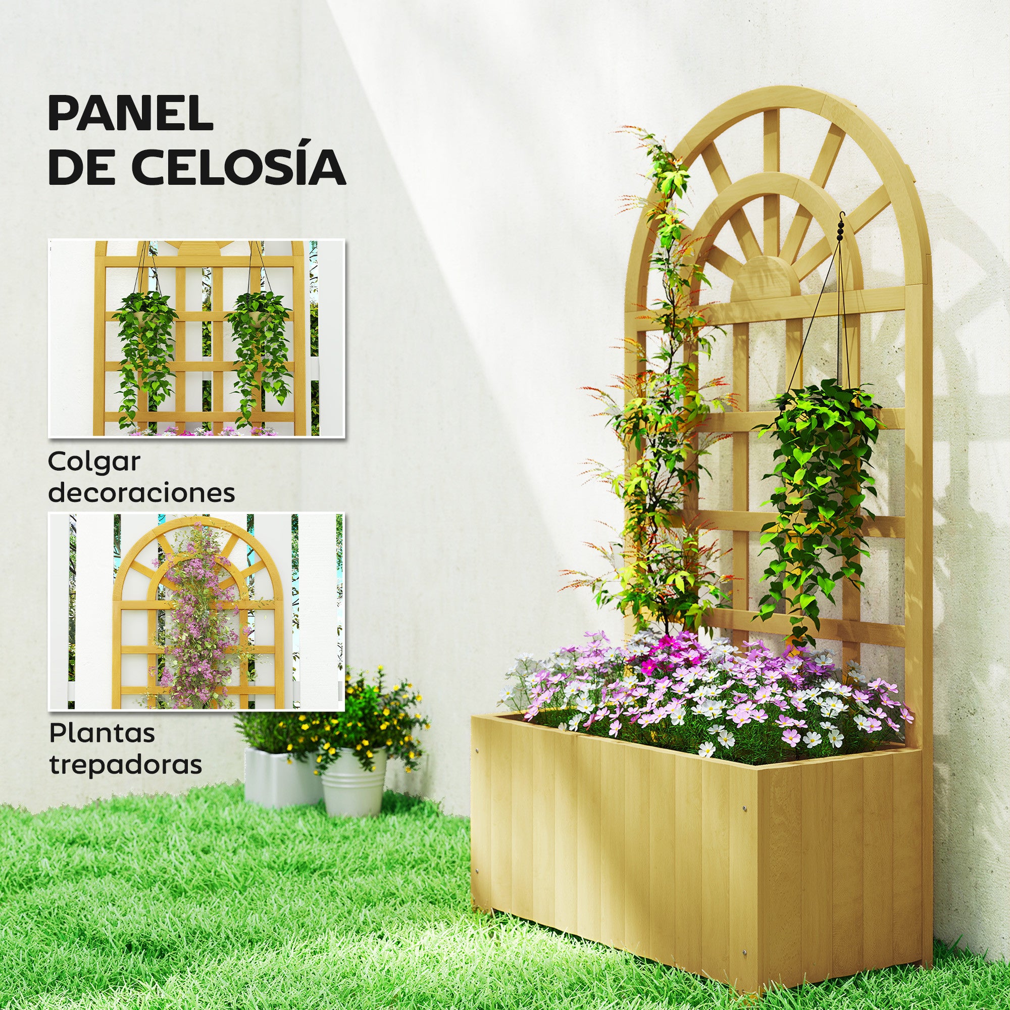 Outsunny Jardinera con Enrejado de Madera, Jardinera Exterior Grande para Plantas Trepadoras, con Ofricios de Drenaje, Macetero Elevado para Jardín, Patio, Terraza, 60x30x120 cm, Natural