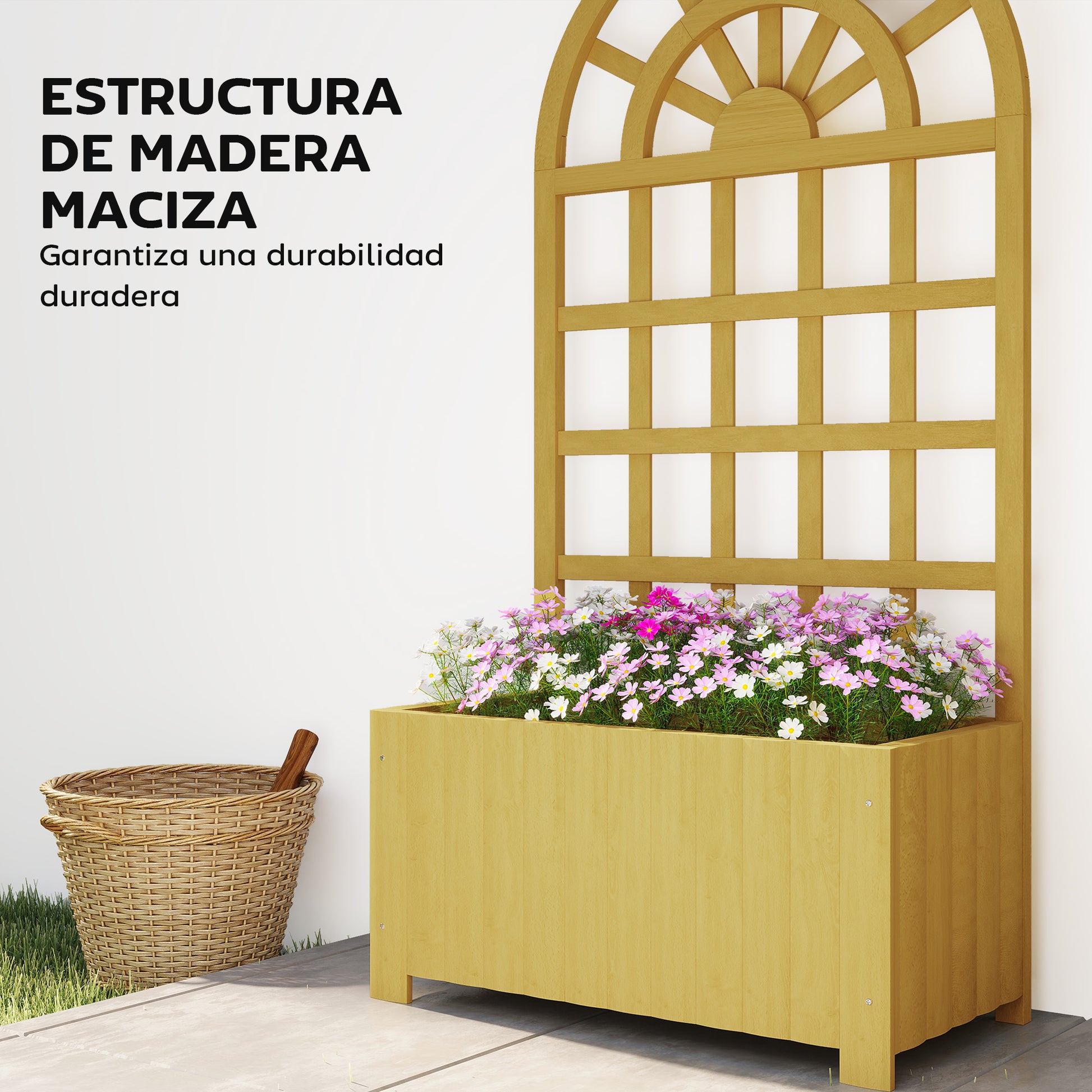 Outsunny Jardinera con Enrejado de Madera, Jardinera Exterior Grande para Plantas Trepadoras, con Ofricios de Drenaje, Macetero Elevado para Jardín, Patio, Terraza, 60x30x120 cm, Natural
