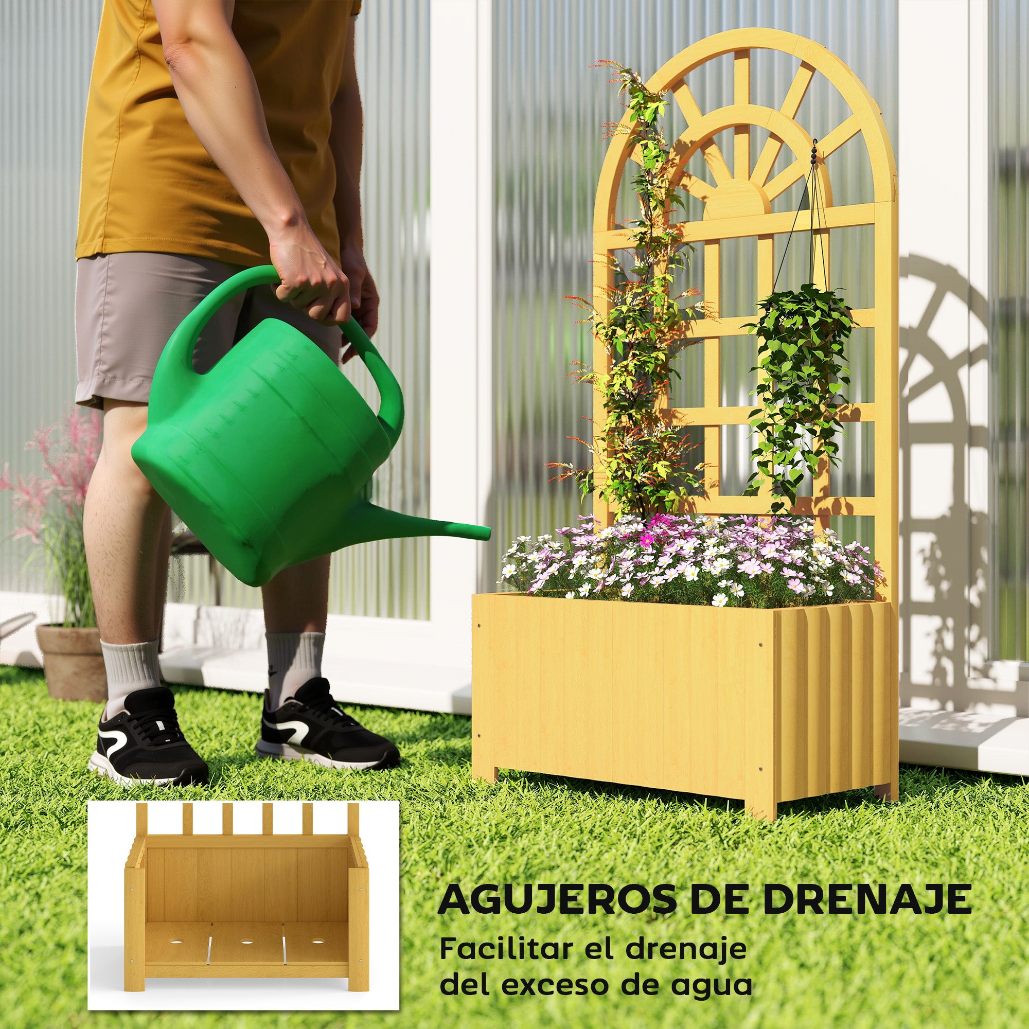 Outsunny Jardinera con Enrejado de Madera, Jardinera Exterior Grande para Plantas Trepadoras, con Ofricios de Drenaje, Macetero Elevado para Jardín, Patio, Terraza, 60x30x120 cm, Natural