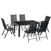 Outsunny Conjunto de Muebles de Jardín de Aluminio 7 Piezas Juego de Comedor Exterior con 6 Sillas Plegables Reclinables Mesa de Vidrio Templado Negro