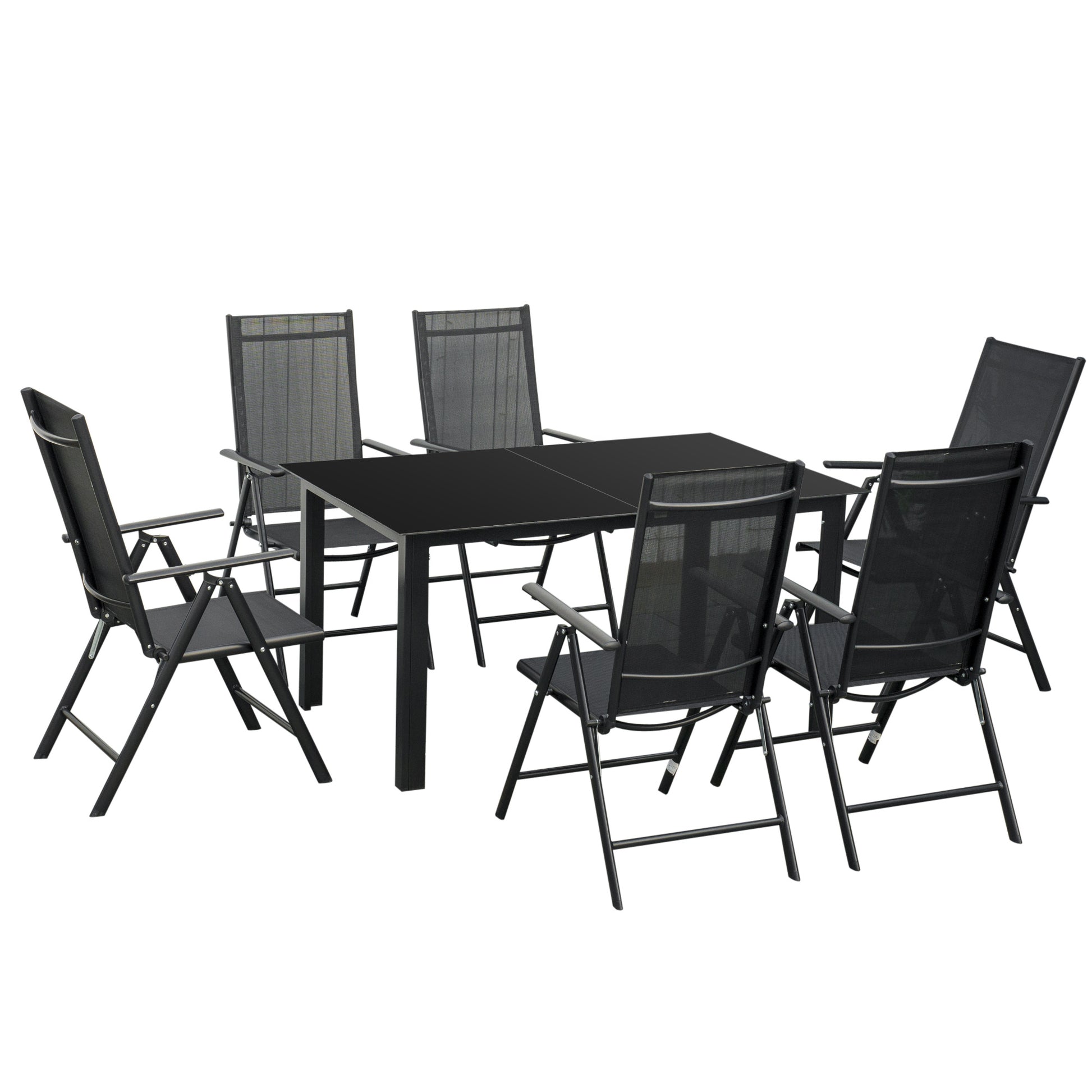 Outsunny Conjunto de Muebles de Jardín de Aluminio 7 Piezas Juego de Comedor Exterior con 6 Sillas Plegables Reclinables Mesa de Vidrio Templado Negro