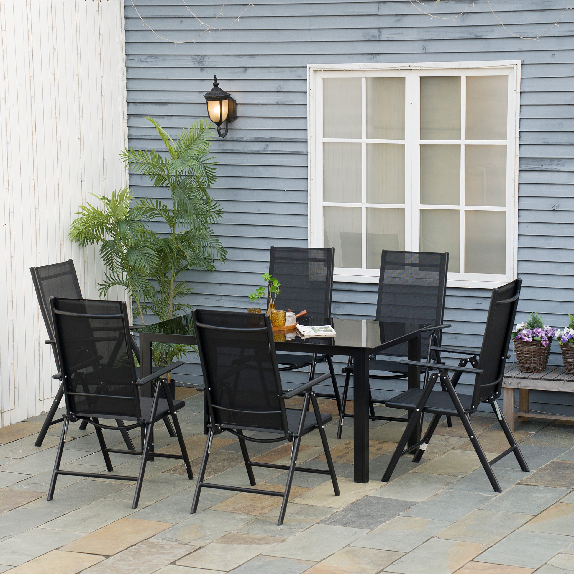 Outsunny Conjunto de Muebles de Jardín de Aluminio 7 Piezas Juego de Comedor Exterior con 6 Sillas Plegables Reclinables Mesa de Vidrio Templado Negro