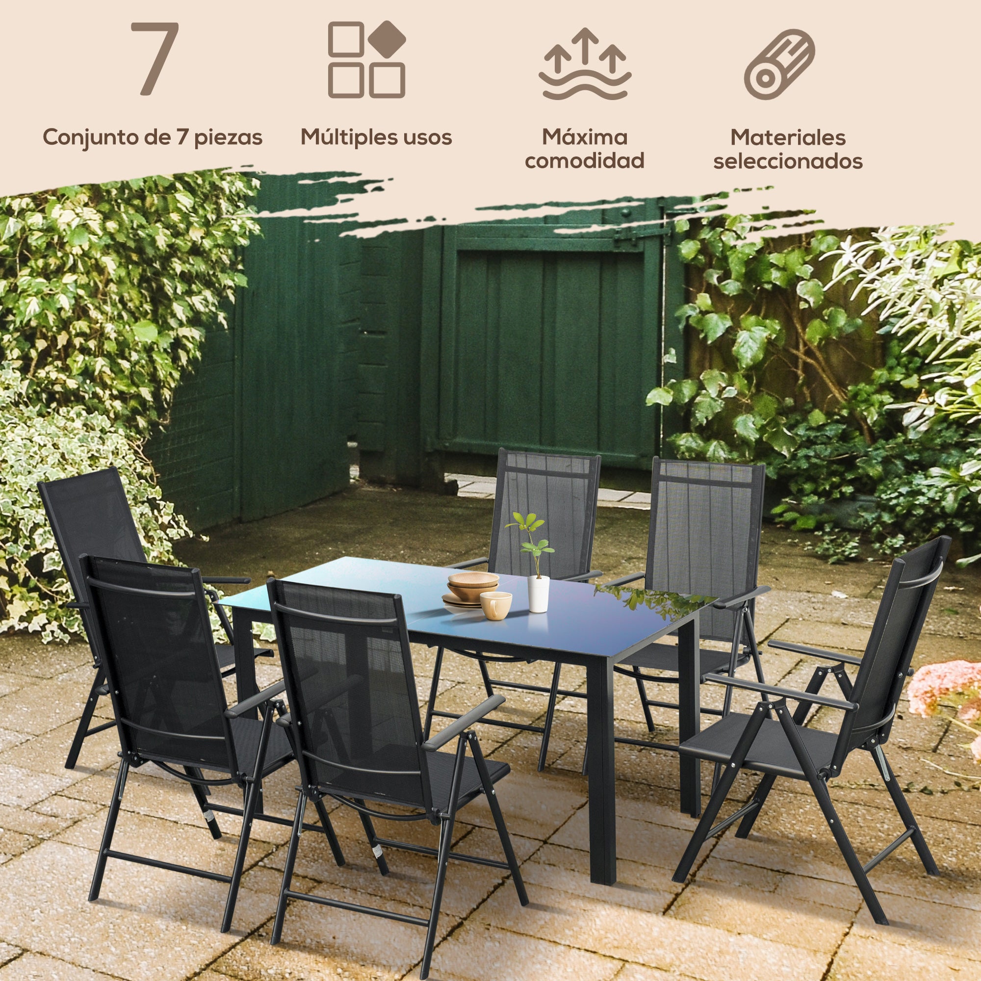 Outsunny Conjunto de Muebles de Jardín de Aluminio 7 Piezas Juego de Comedor Exterior con 6 Sillas Plegables Reclinables Mesa de Vidrio Templado Negro