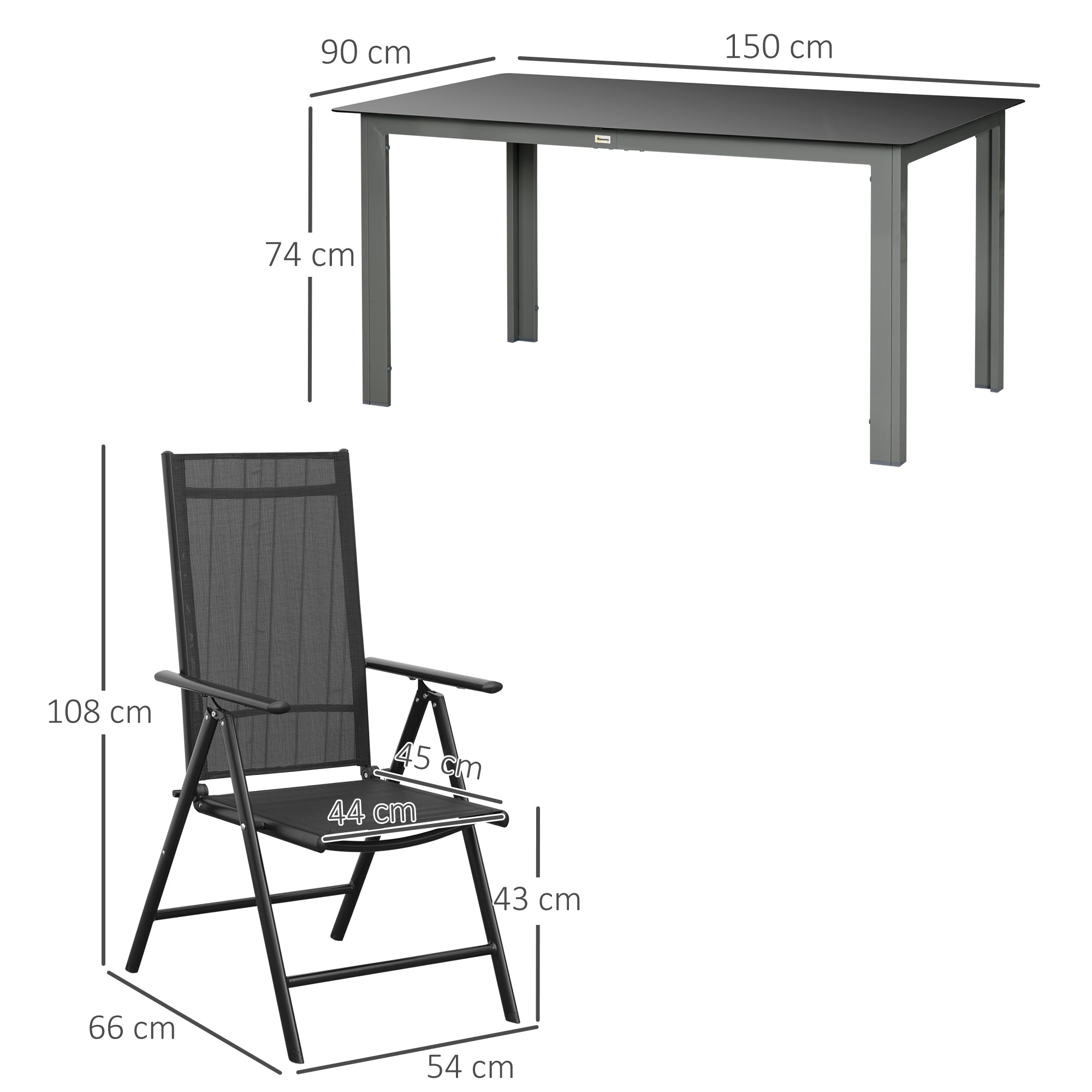 Outsunny Conjunto de Muebles de Jardín de Aluminio 7 Piezas Juego de Comedor Exterior con 6 Sillas Plegables Reclinables Mesa de Vidrio Templado Negro