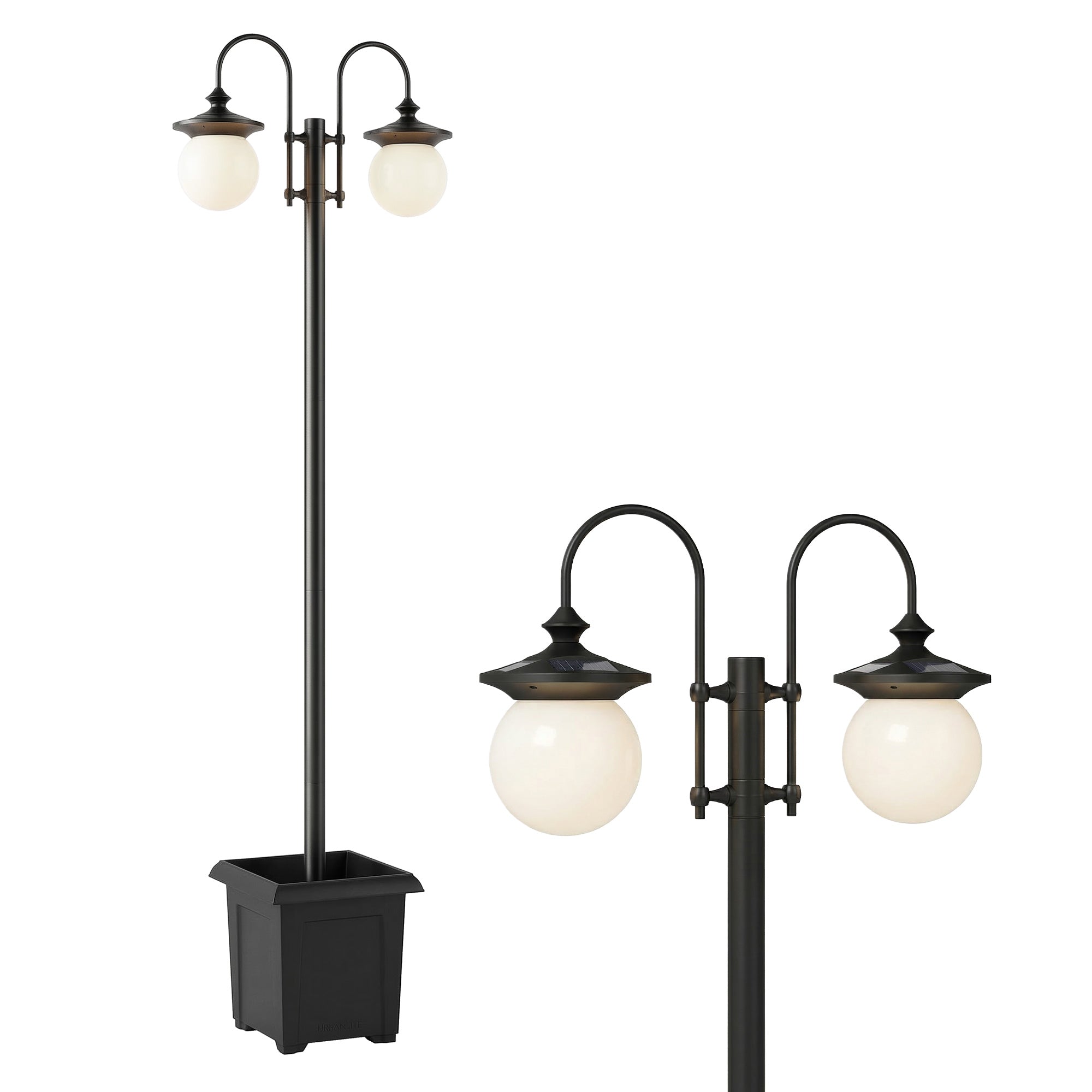 Outsunny Farola Solar Exterior de Jardín con Macetero 2 Cabezales Impermeable IP44 Encendido/Apagado Automático y Altura Ajustable Luz Solar de Exterior LED para Terraza Patio 53,5x30x182 cm Negro
