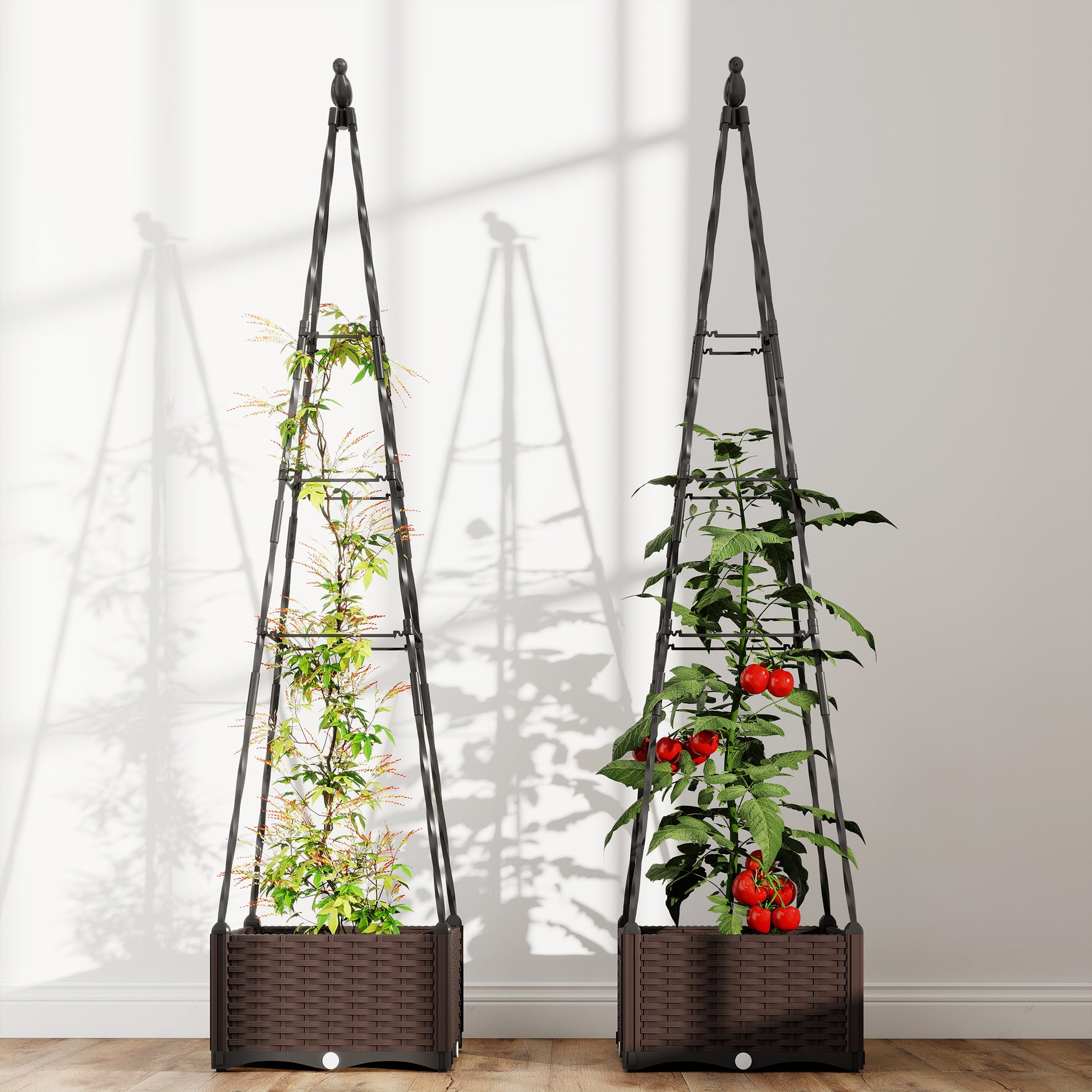 Outsunny Jardinera con Enrejado Metálico, Jardinera Exterior para Plantas Trepadoras, Maceta de PP con Orificios de Drenaje y Tapones, Macetero Elevado para Jardín, Patio, 40x40x175 cm, Negro