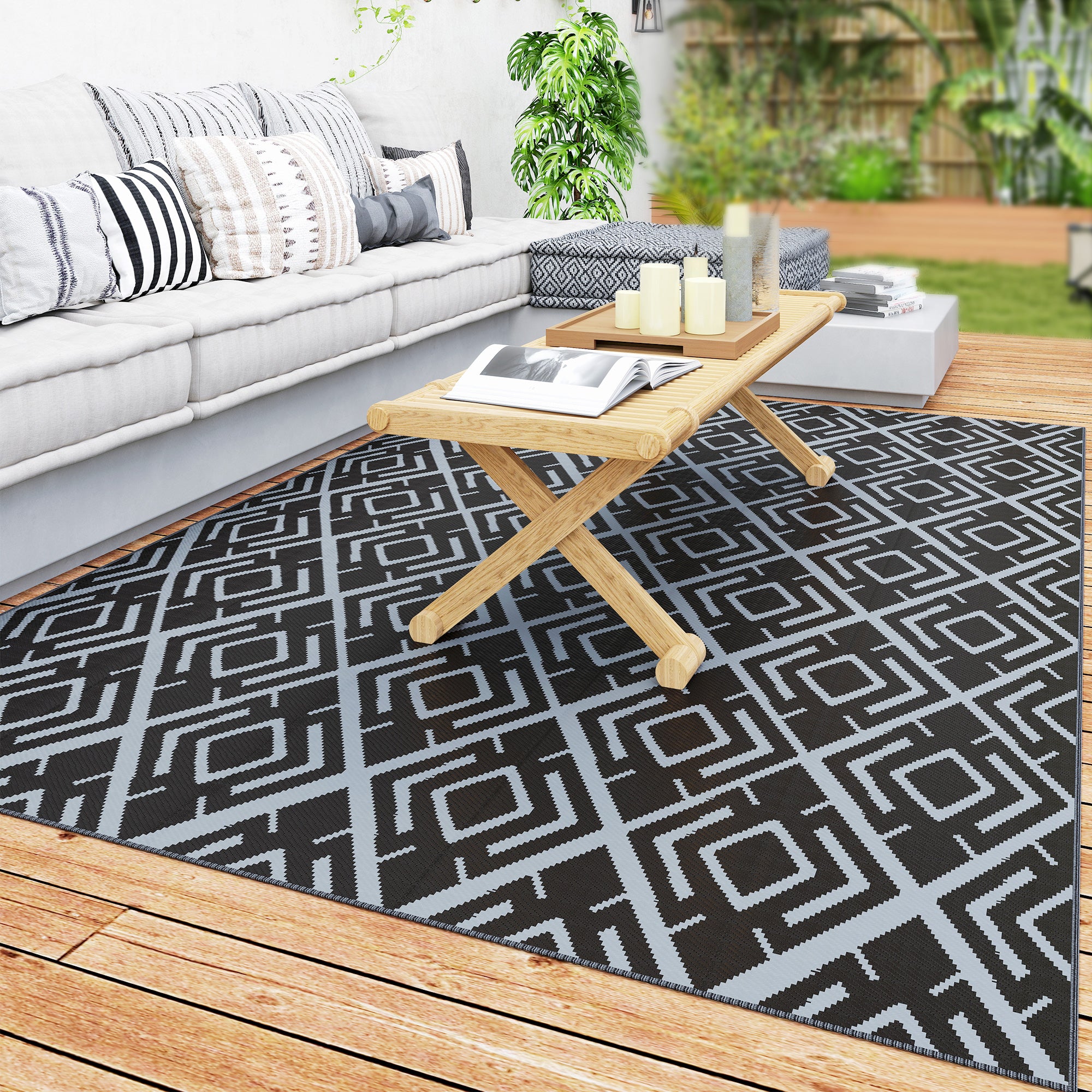 Outsunny Alfombra de Exterior 182x274 cm Alfombra Reversible con Patrón Geométrico de Rombos Impermeable Bolsa de Transporte para Terraza Balcón Patio Camping Playa Negro