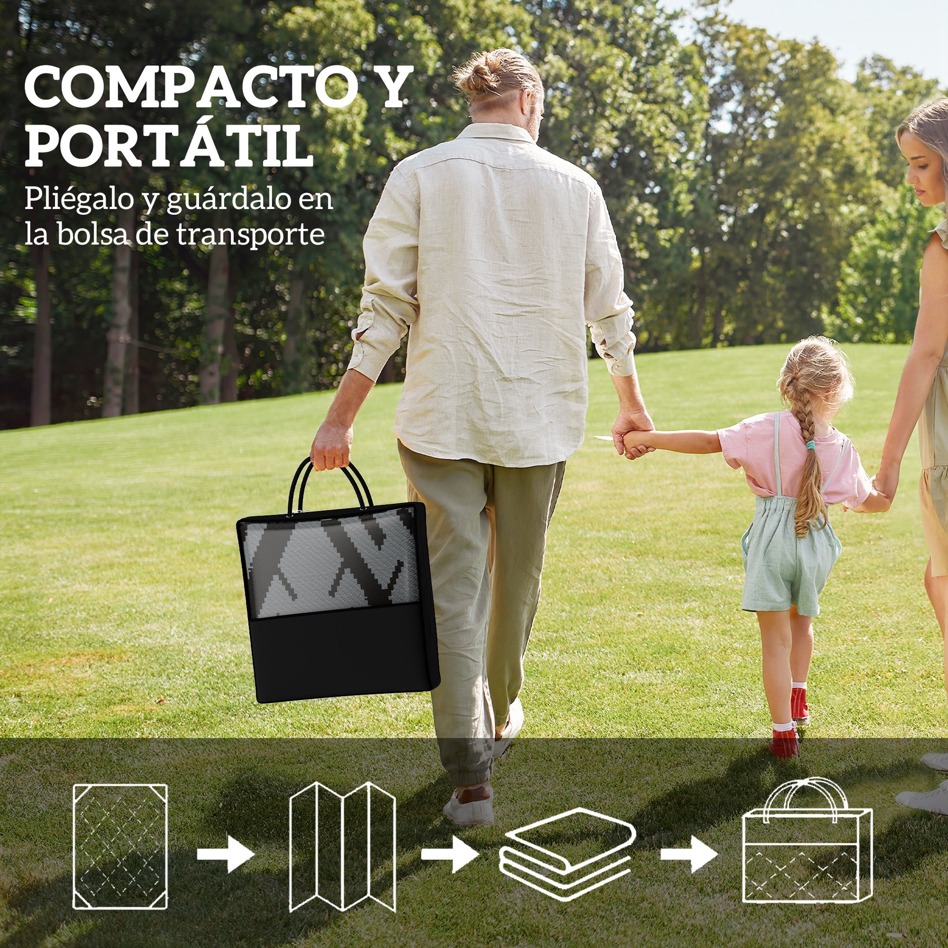 Outsunny Alfombra de Exterior 182x274 cm Alfombra Reversible con Patrón Geométrico de Rombos Impermeable Bolsa de Transporte para Terraza Balcón Patio Camping Playa Negro