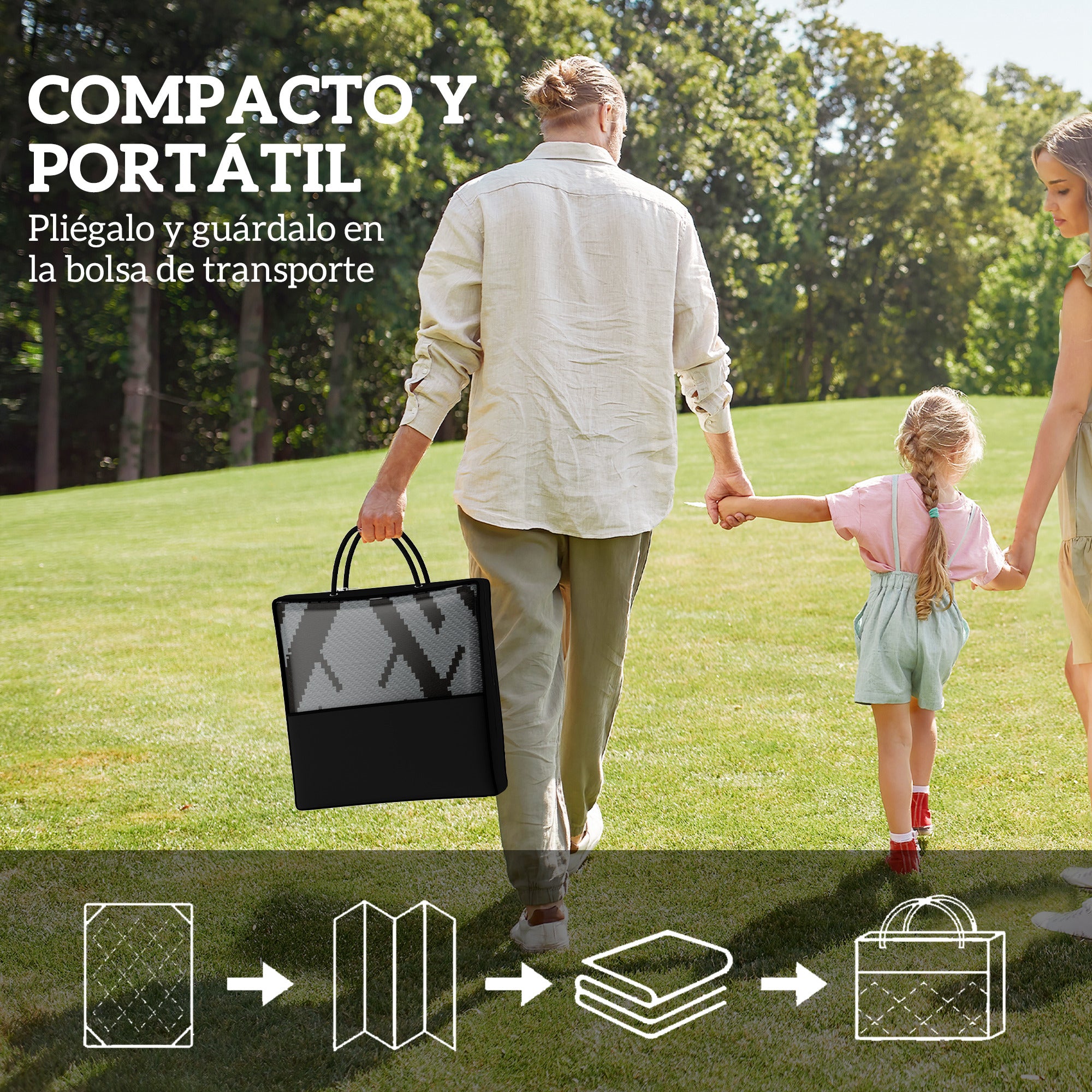 Outsunny Alfombra de Exterior 182x274 cm Alfombra Reversible con Patrón Geométrico de Rombos Impermeable Bolsa de Transporte para Terraza Balcón Patio Camping Playa Negro